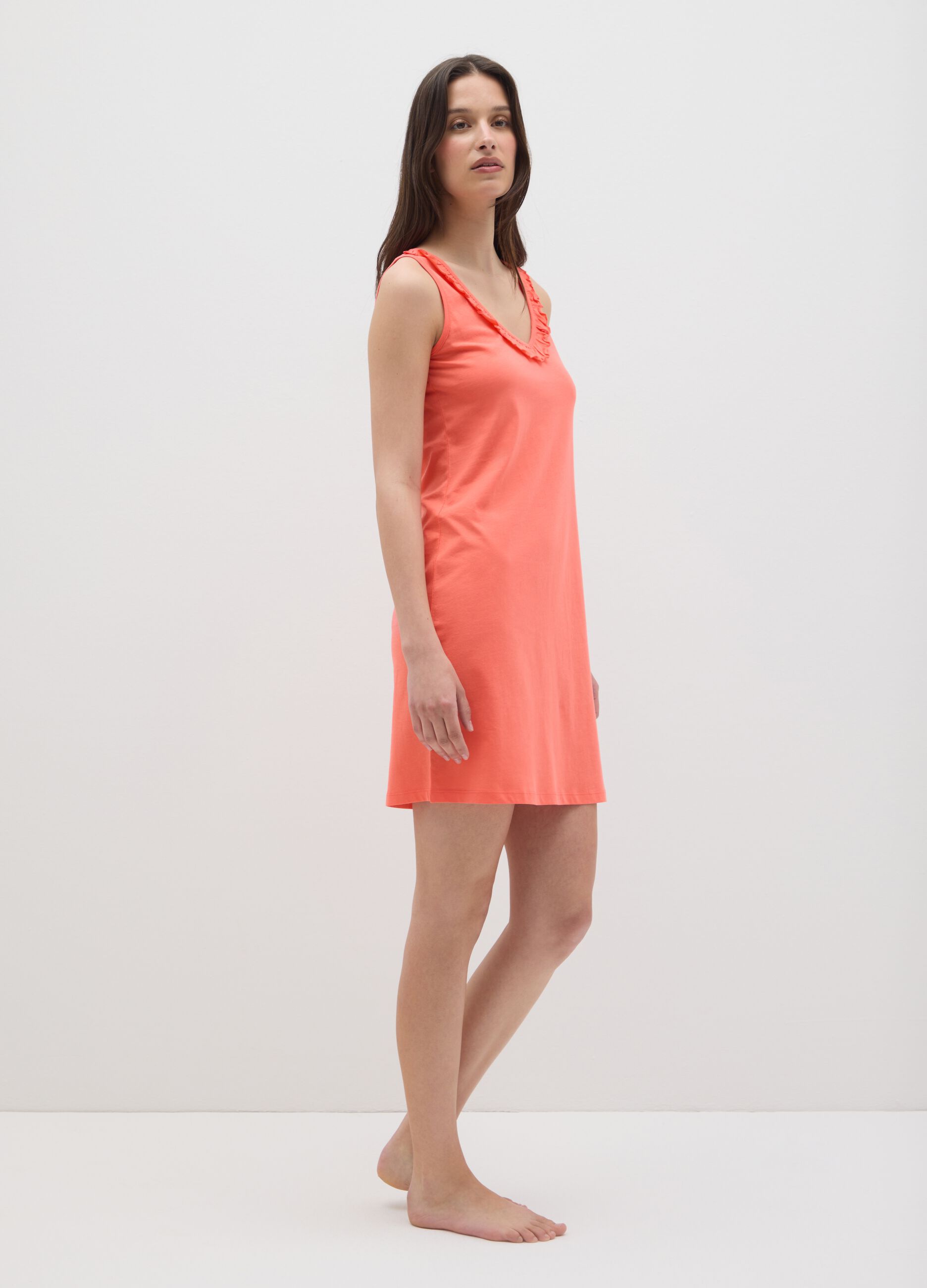 Camicia da notte da donna in puro cotone arancione con volant
