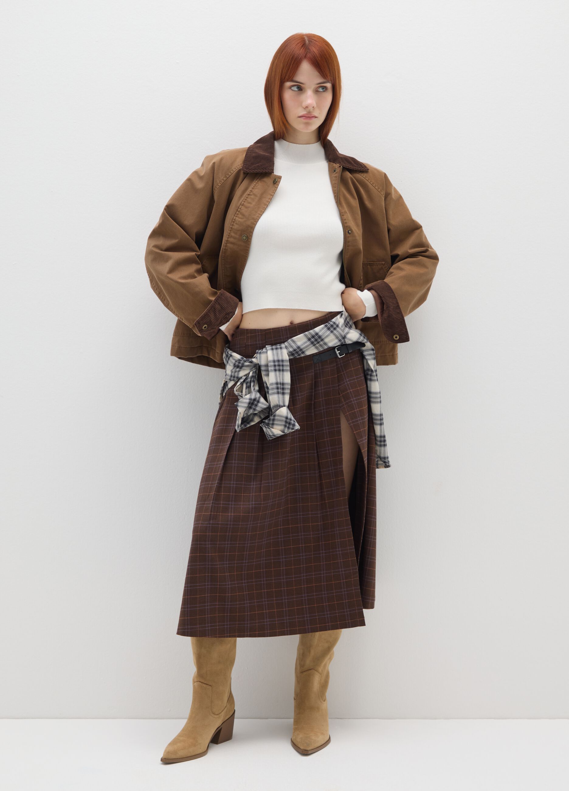 Brown cotton blend jacket with buttons and zip