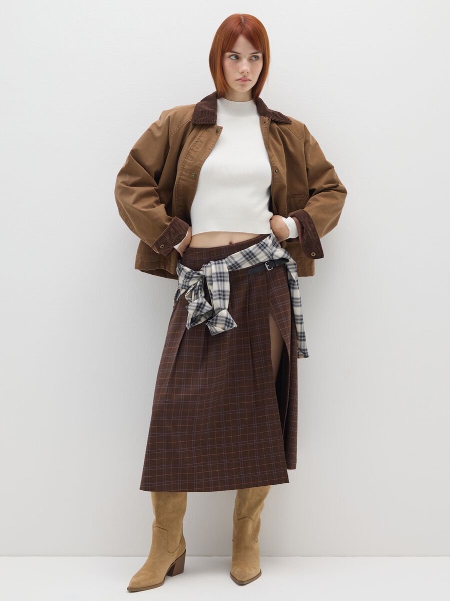 Giacca in misto cotone marrone con bottoni e zip_1