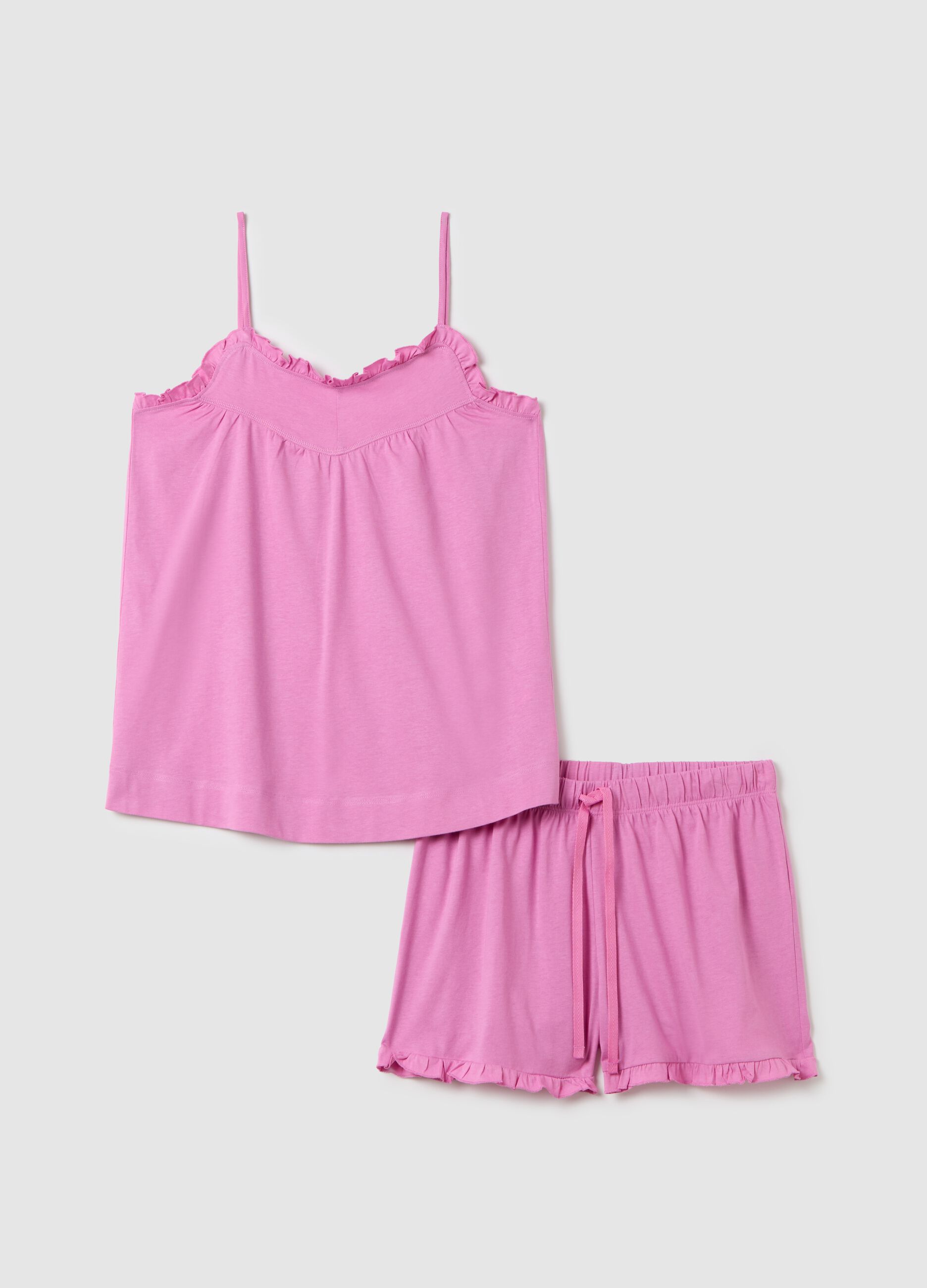 Completo pigiama da donna in puro cotone rosa regular fit con volant
