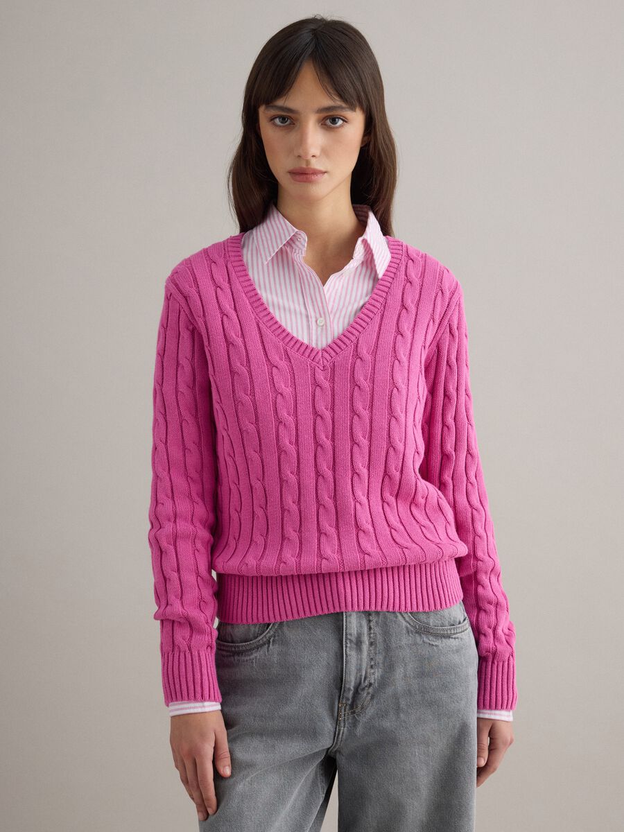 Pink pure cotton regular fit pullover with cable knit design_1