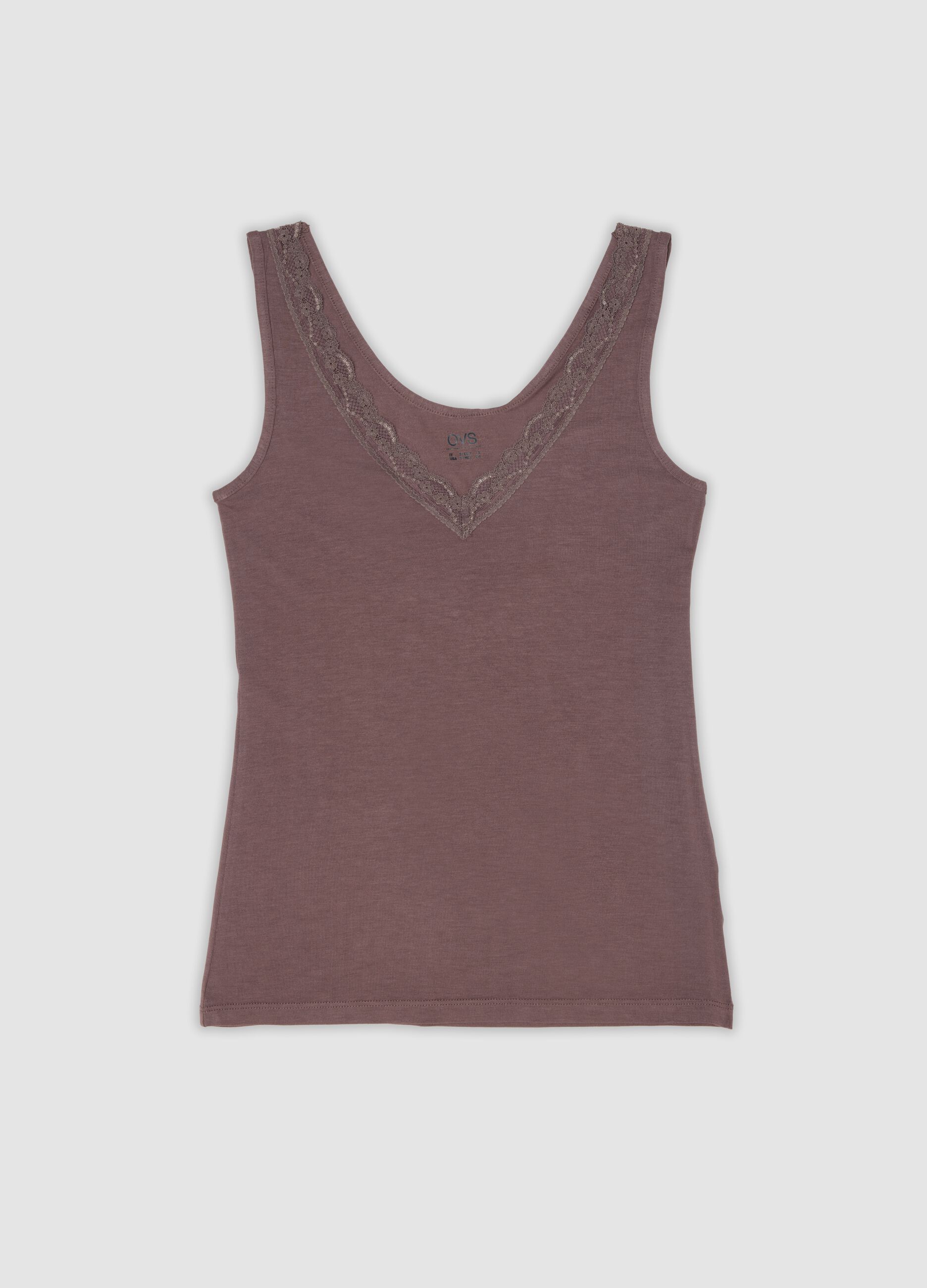 Brown stretch viscose camisole with deep V-neck and lace trim