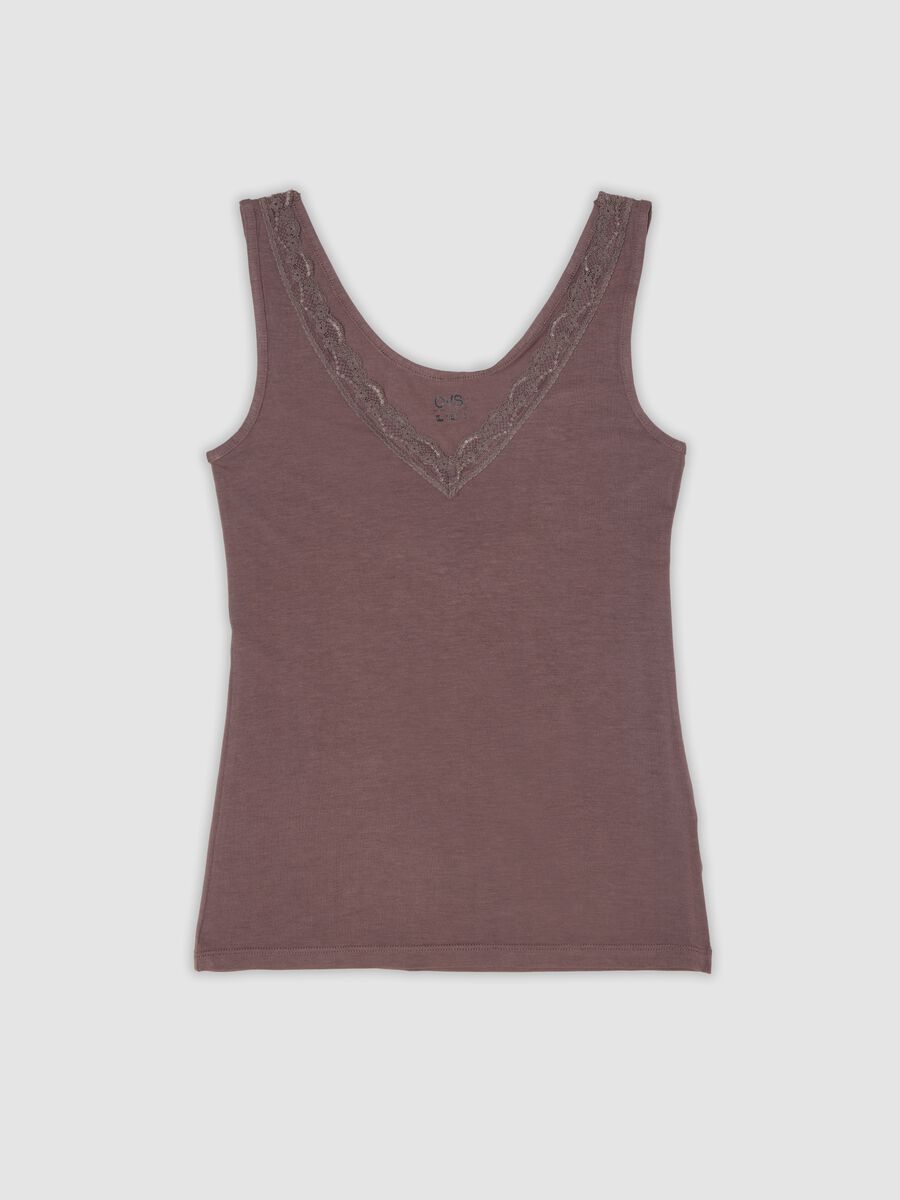 Brown stretch viscose camisole with deep V-neck and lace trim_4