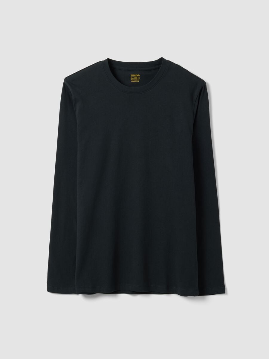 T-shirt nera a maniche lunghe in puro cotone organico con girocollo_0