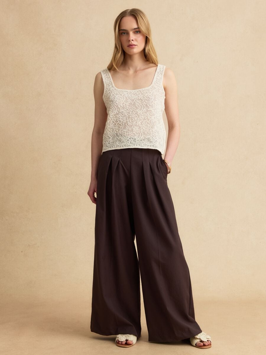 Beige cotton-blend regular-fit tank top with embroidery and mesh_2