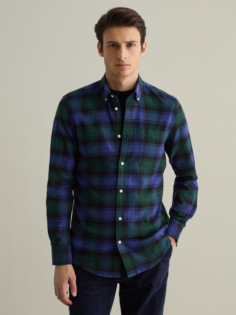 Flannel shirt with check pattern and button-down collar_0