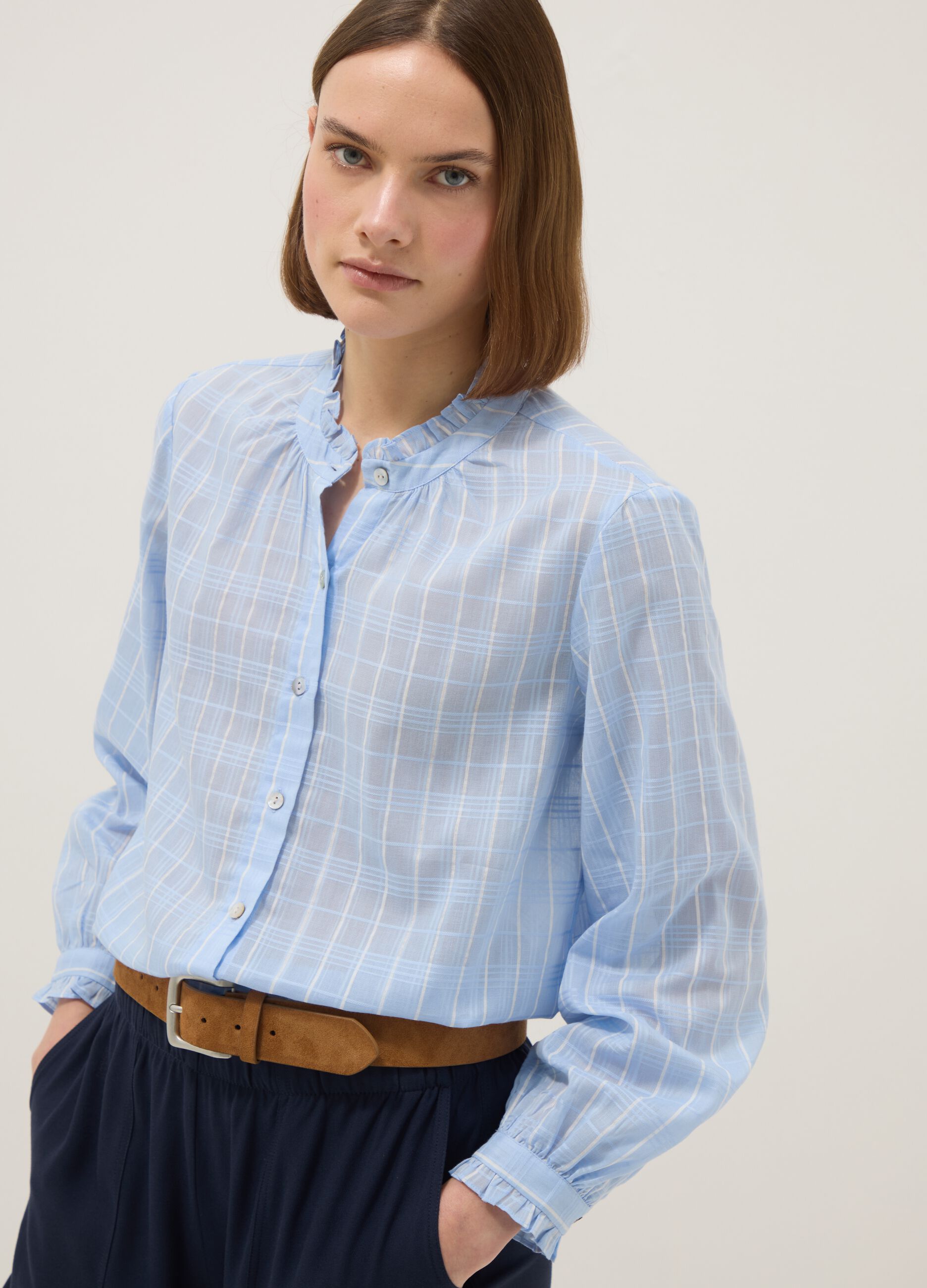 Blue pure cotton shirt with plaid regular fit