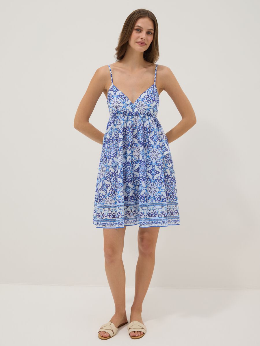 Slipdress blu in puro cotone con stampa all over_0