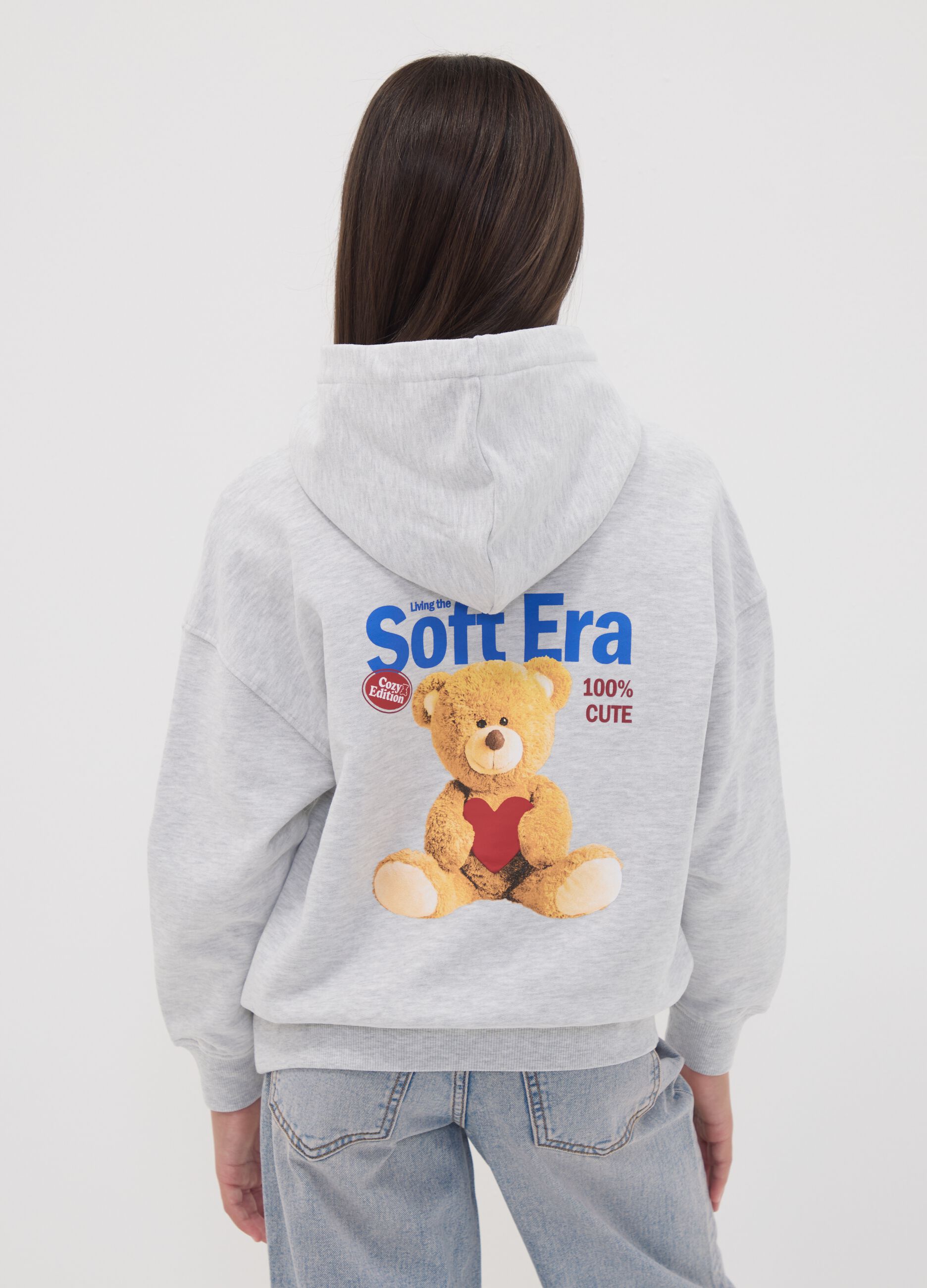 Grey oversized hoodie with teddy bear print in a cotton and viscose blend