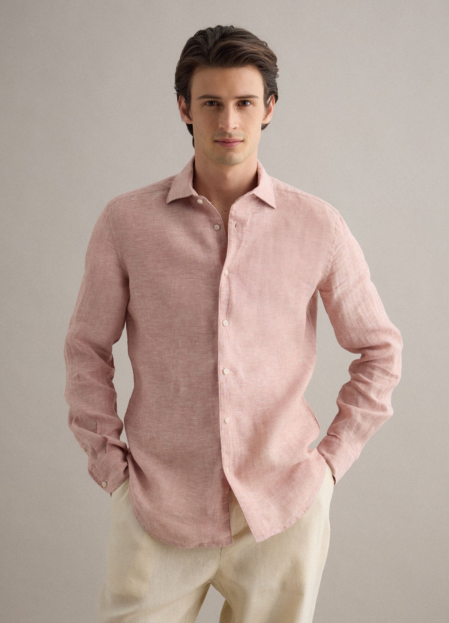 Slim Fit Long Sleeve Pink Pure Linen Shirt