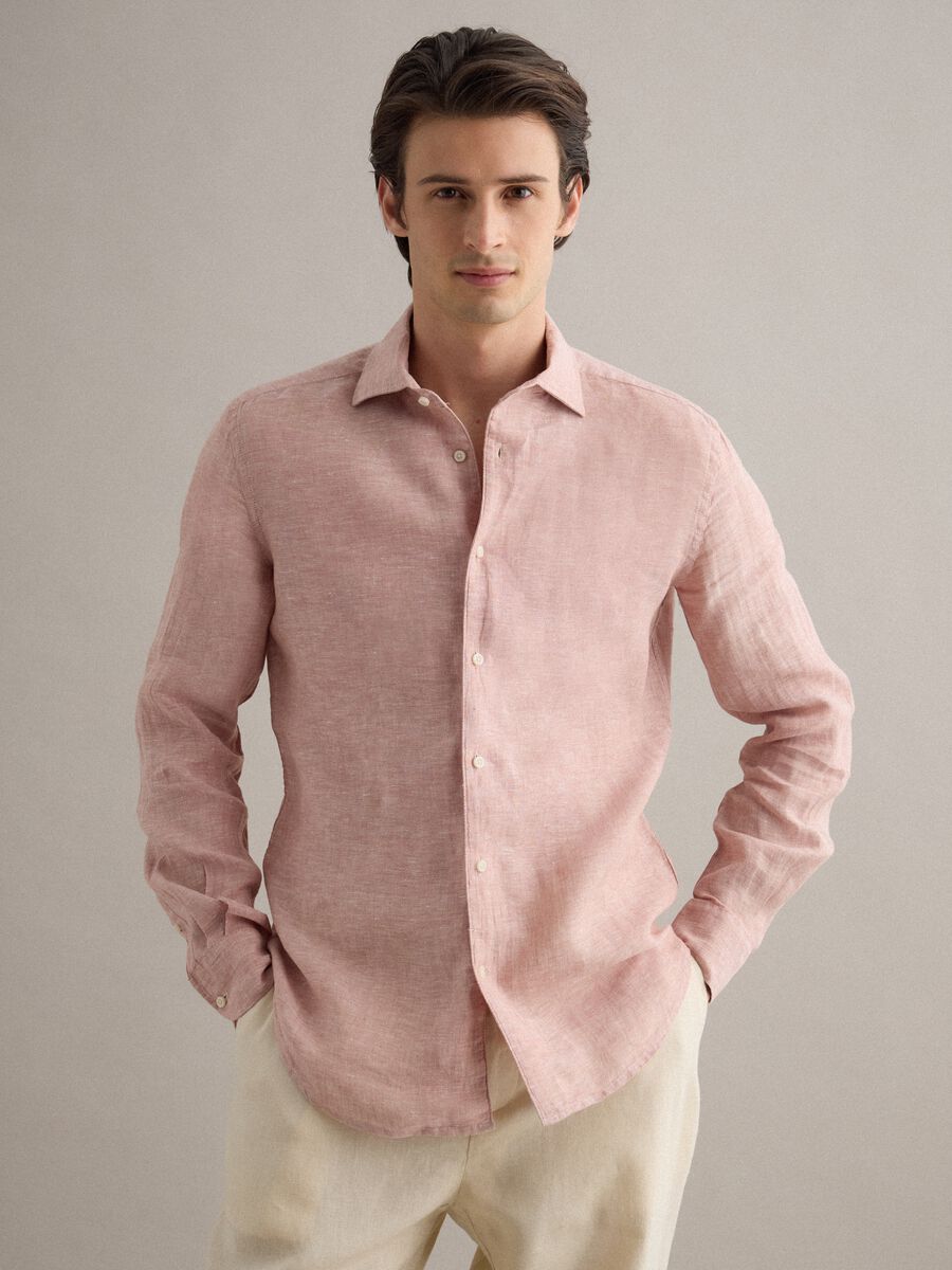 Camicia a maniche lunghe in puro lino rosa slim fit_0