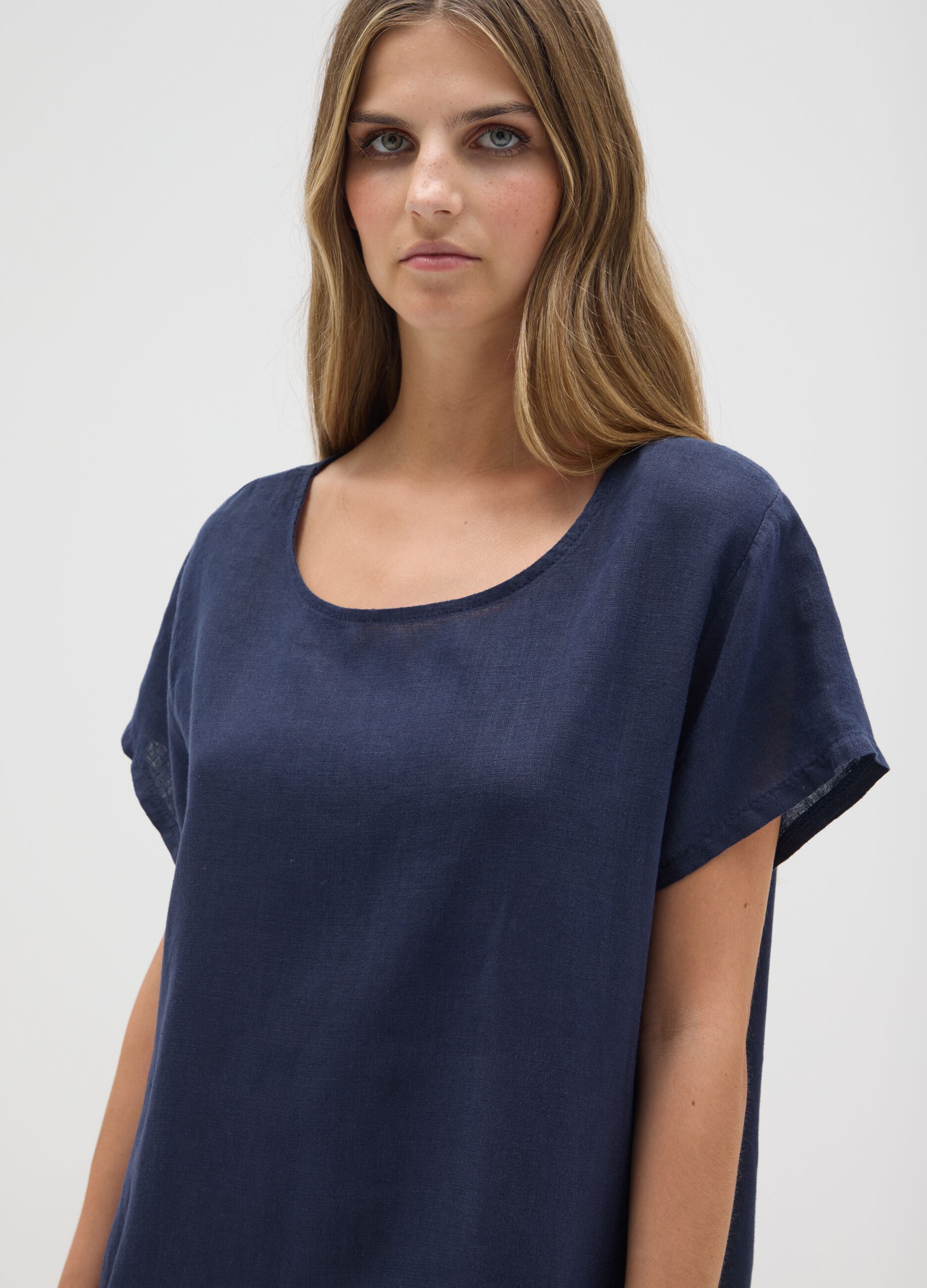 Women's pure blue linen dress regular fit
