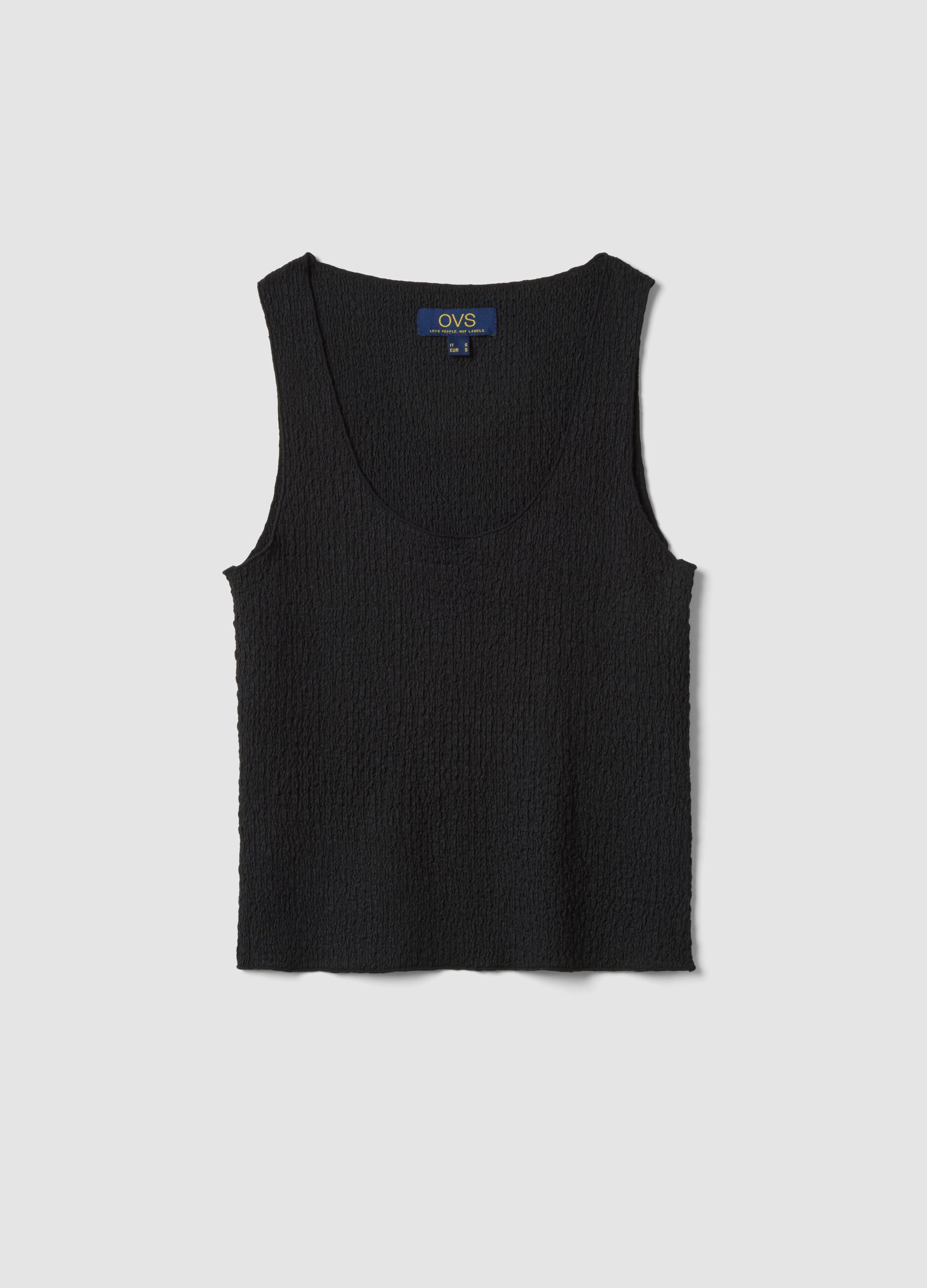 Black stretch tank top with crinkled texture