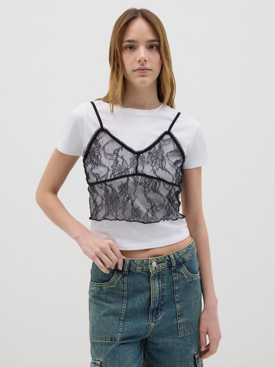 Pure cotton T-shirt with black lace overlay_0