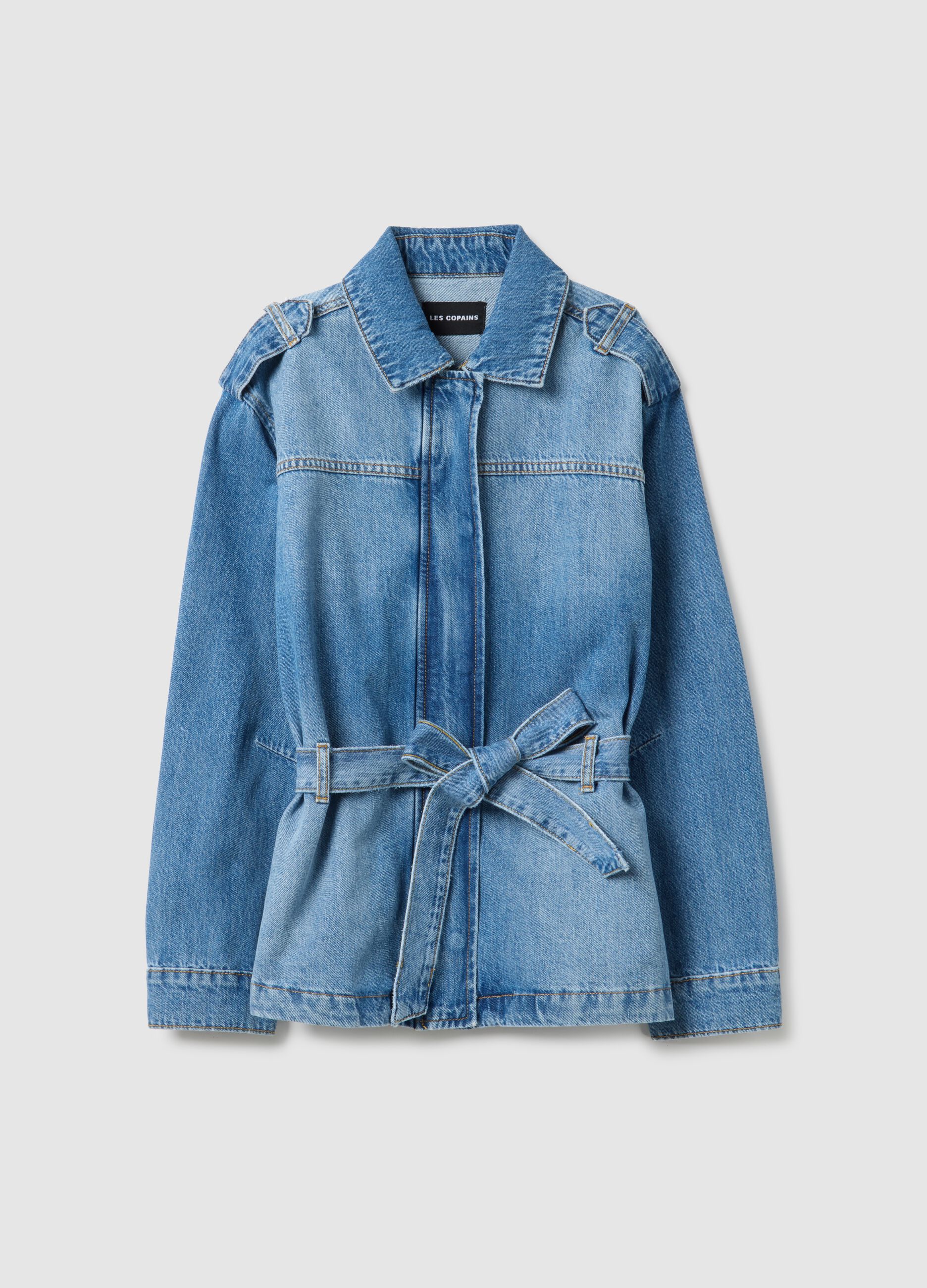 Giacca in puro cotone denim blu regular fit con cintura