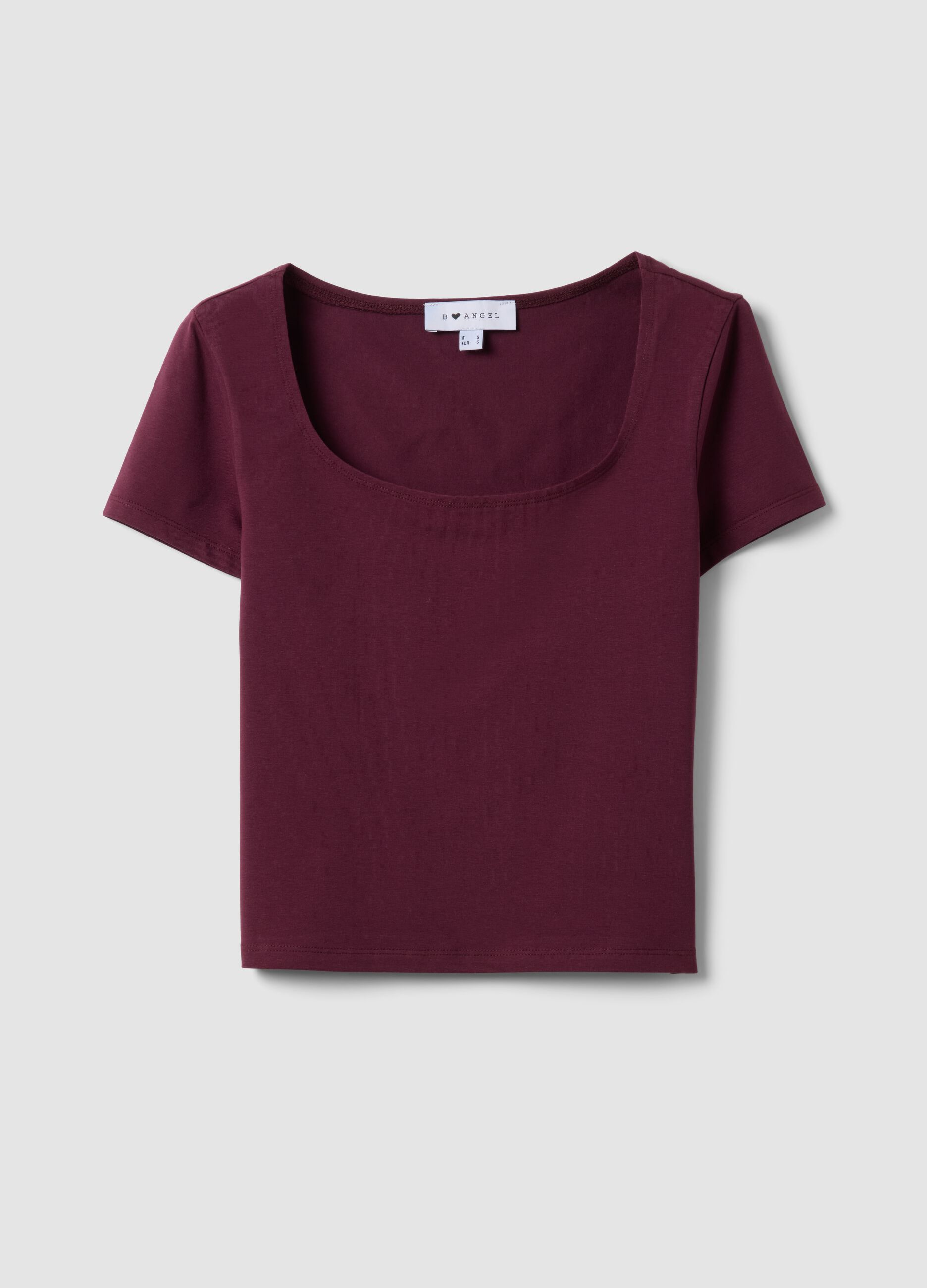 Purple stretch-cotton T-shirt with square neckline