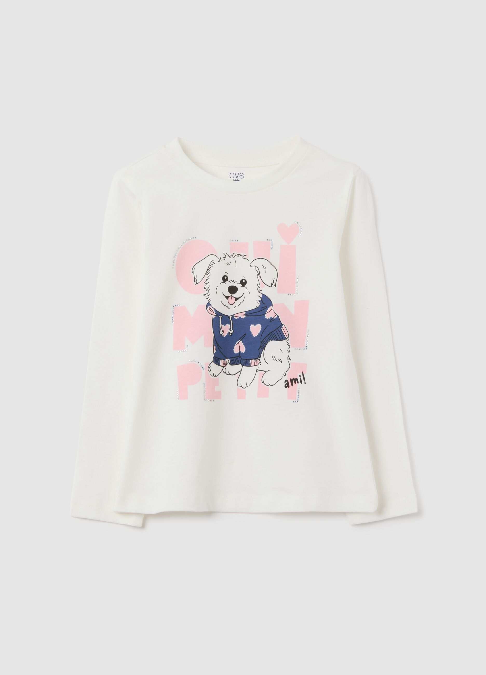 Girls' white pure cotton regular fit top with dog print