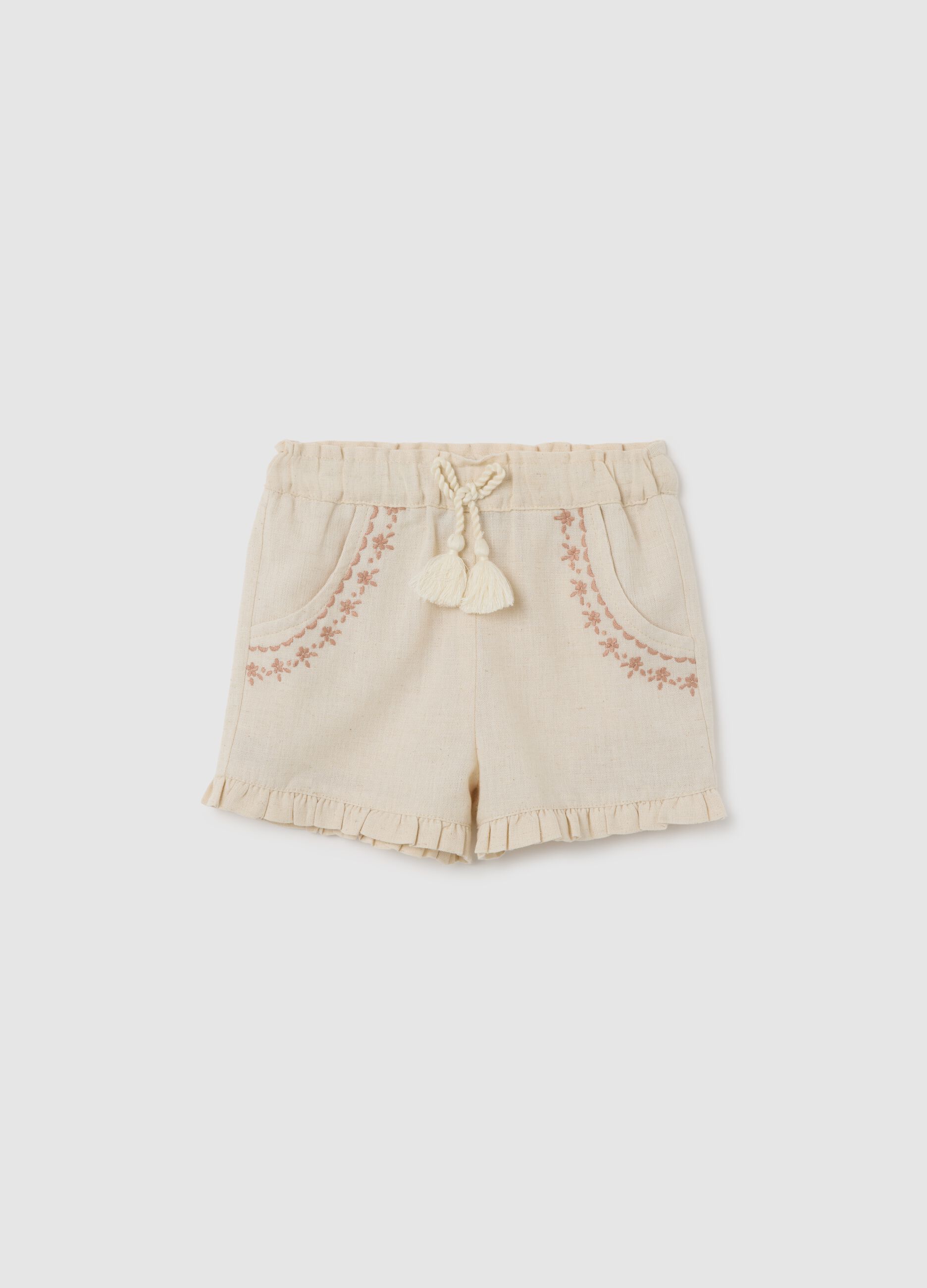 Beige cotton baby shorts with regular fit and fringes