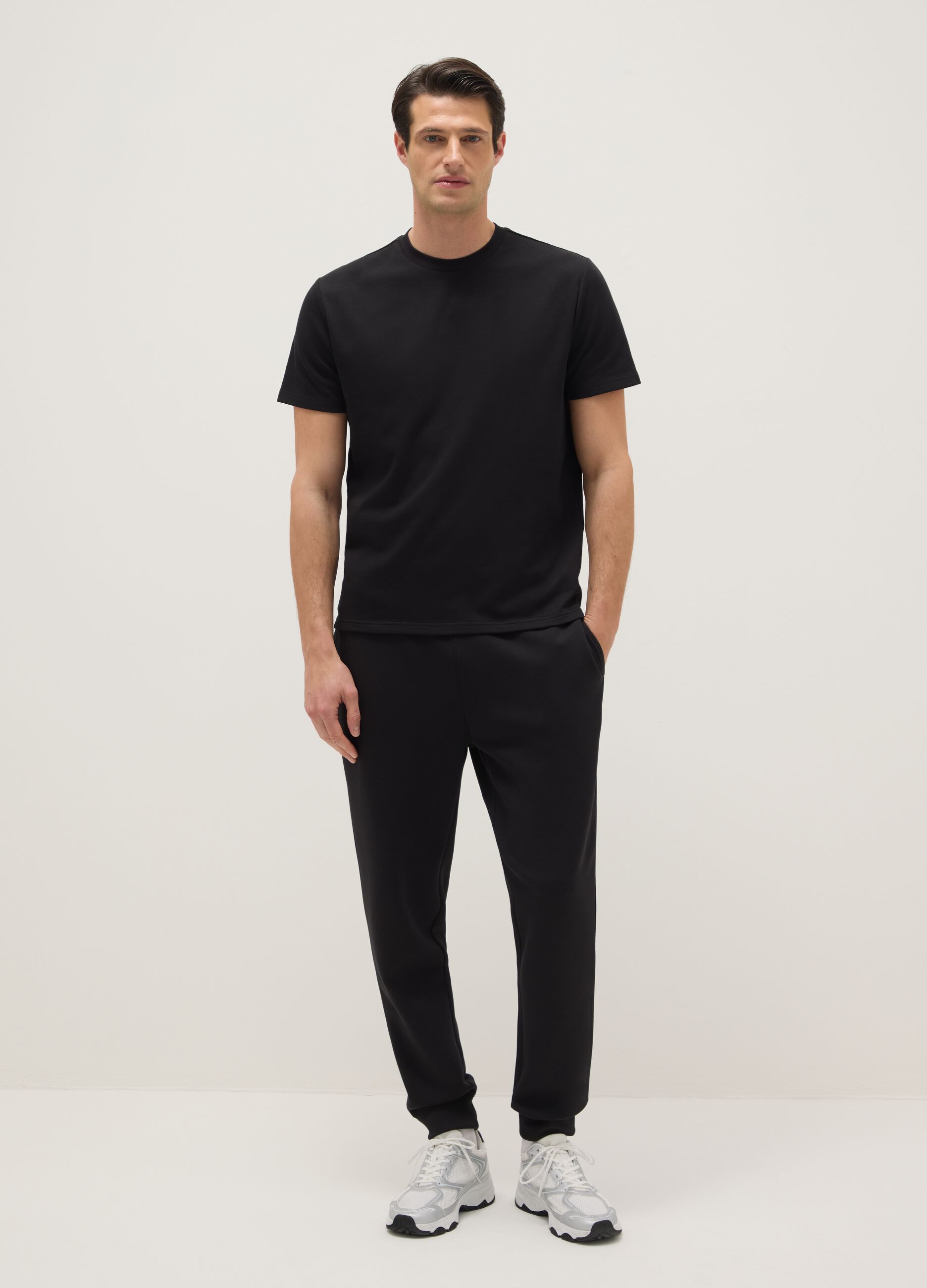 Black Cotton Blend Regular Fit Jogger Trousers