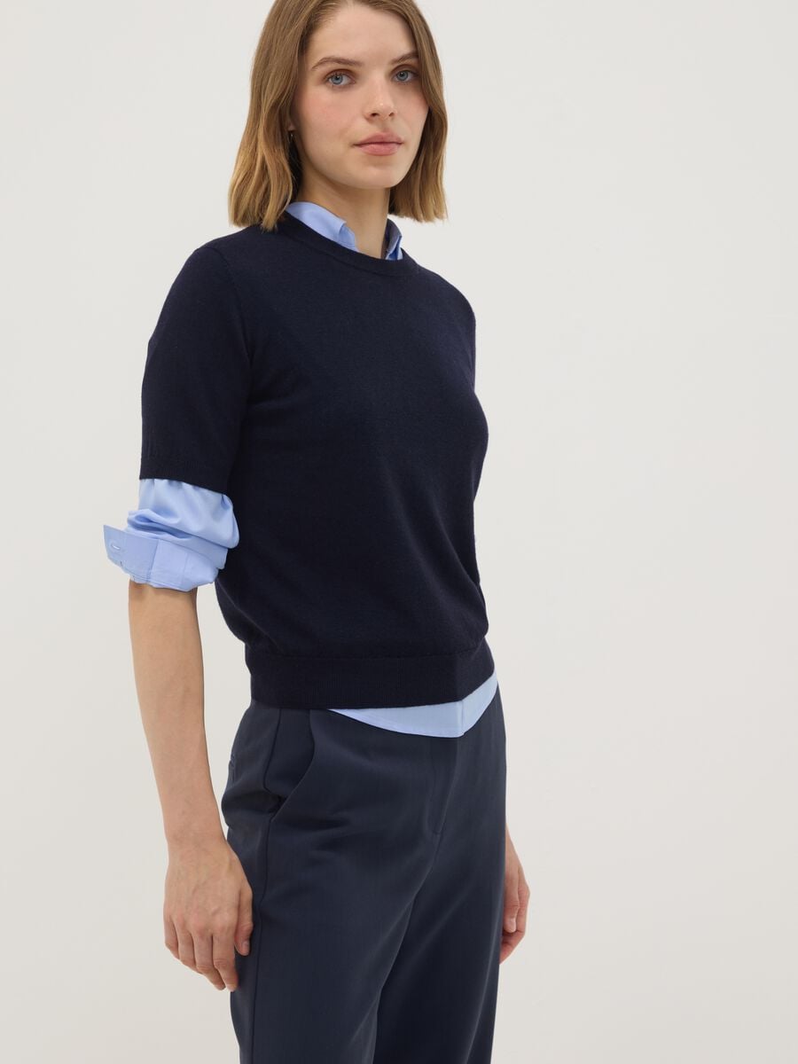 Maglia blu in misto lana a maniche corte girocollo regular fit_0
