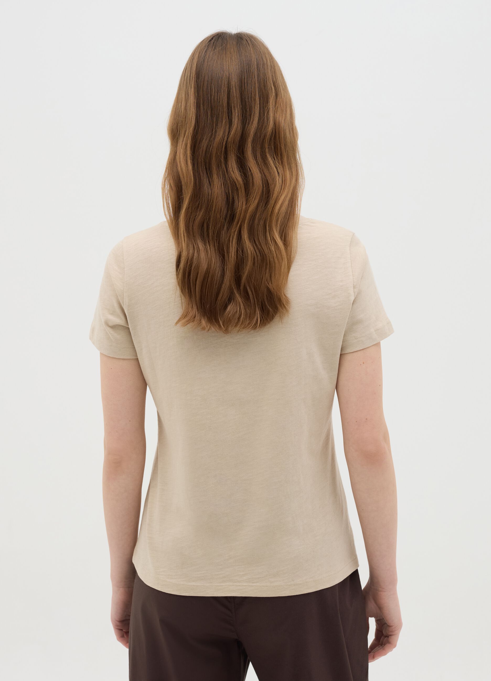 Beige Crew Neck Organic Cotton T-shirt