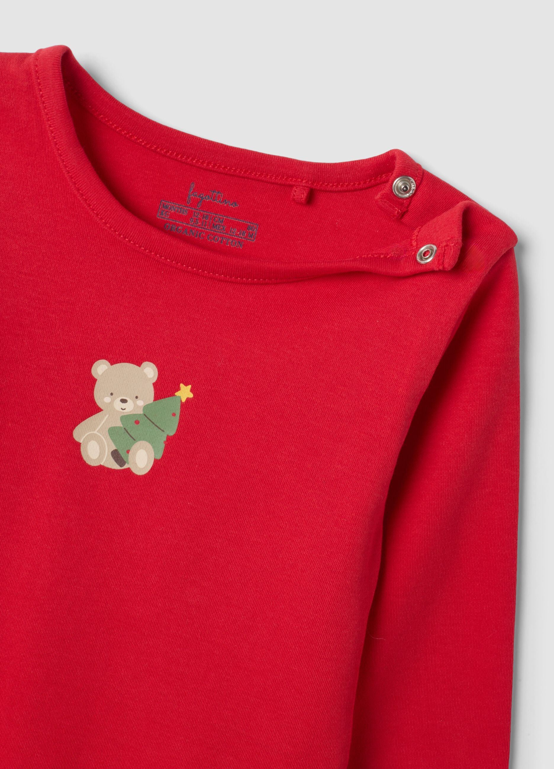 2-pack baby bodysuits in red and off-white organic cotton with print