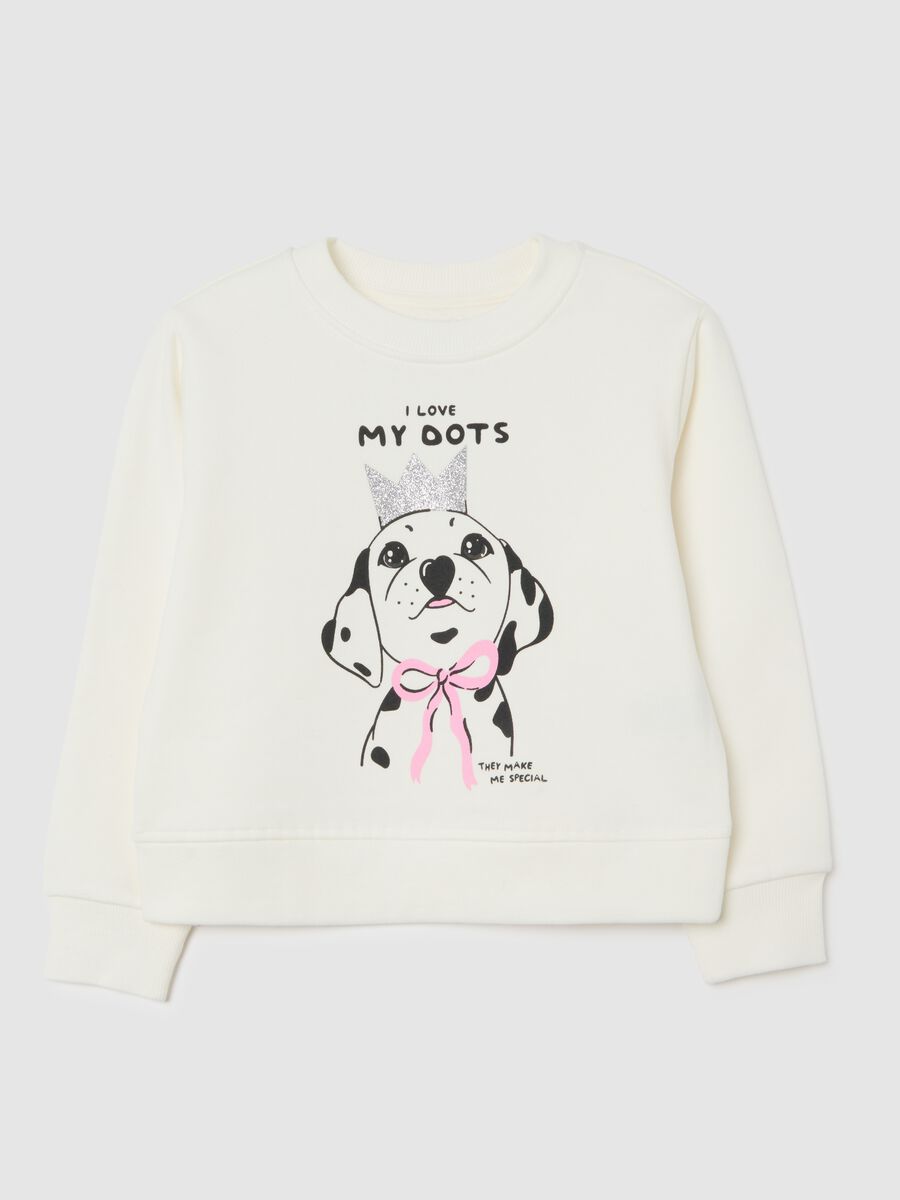 Felpa bianca da bambina in puro cotone con stampa cane regular fit_0