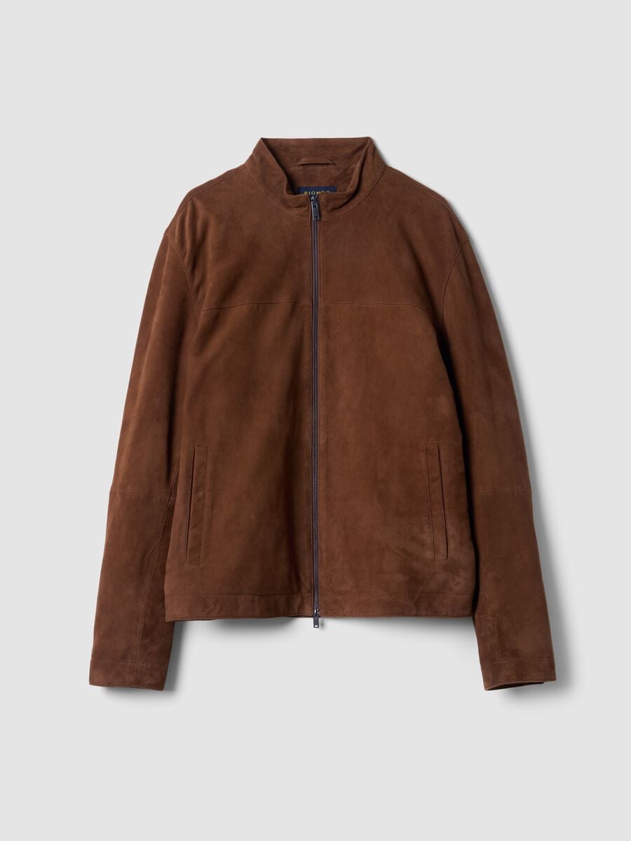 Brown genuine leather jacket with zip, regular fit_0