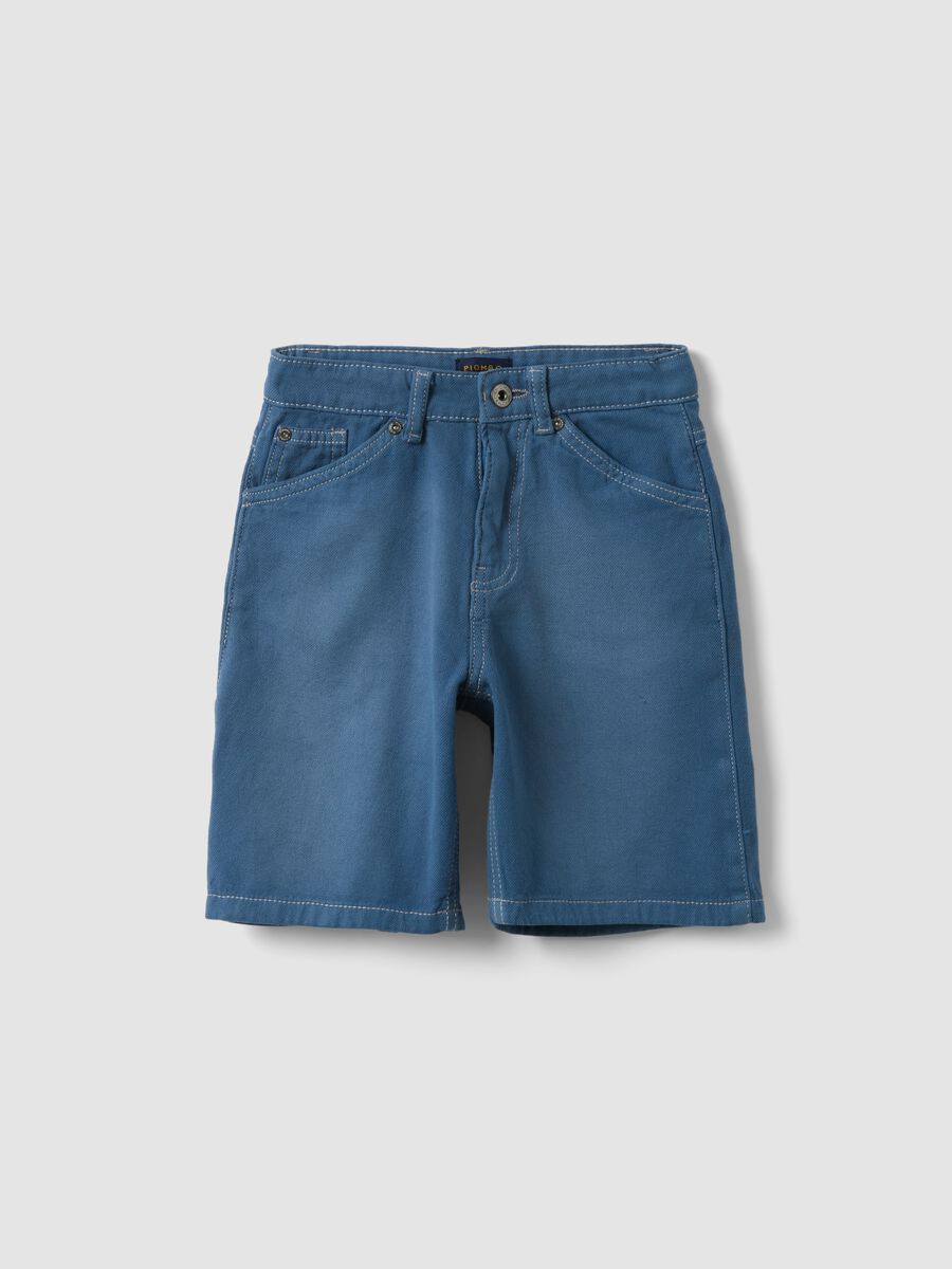 Blue denim cargo shorts in pure cotton for boys, baggy fit_0