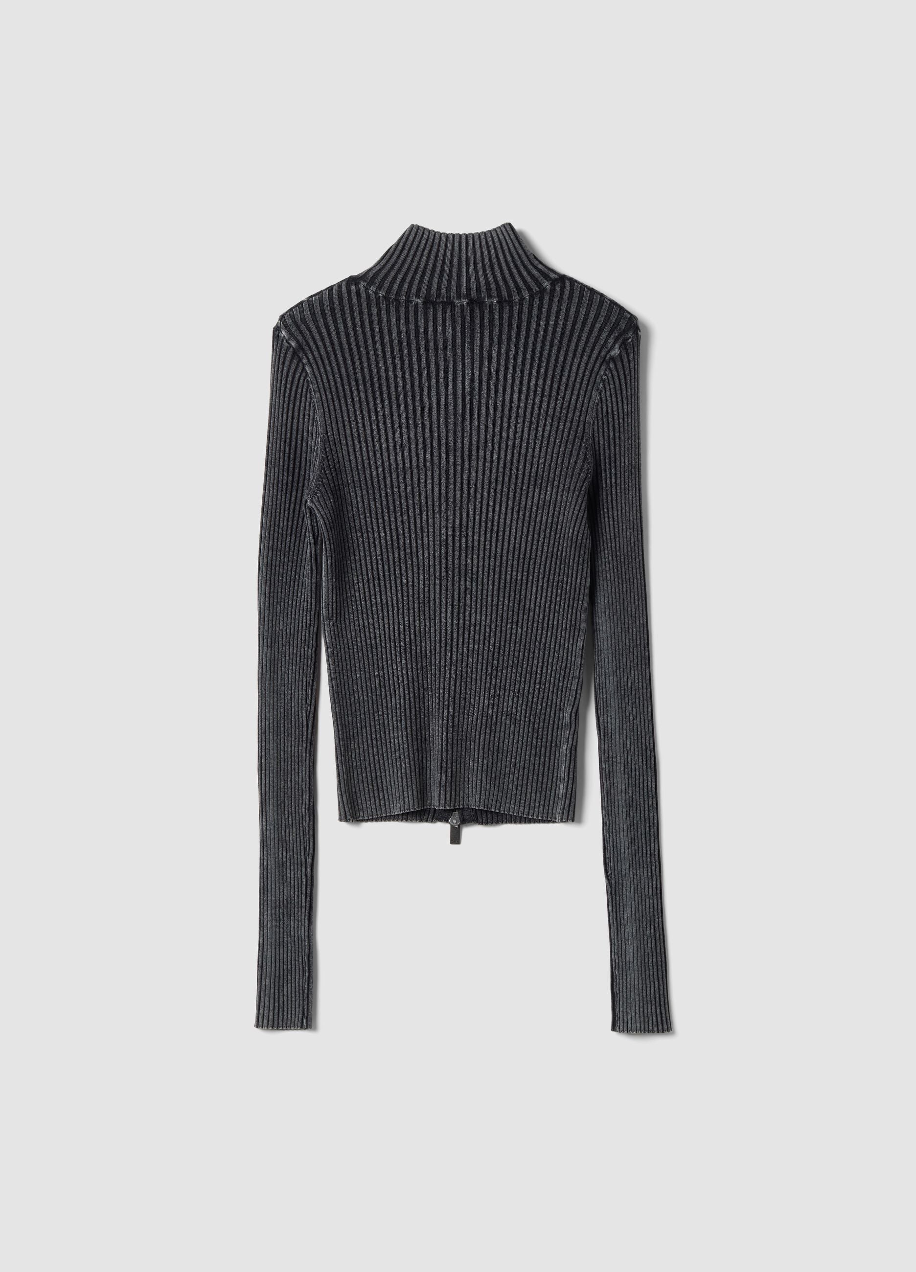 Full-Zip Ribbed Knit in Vintage Grey