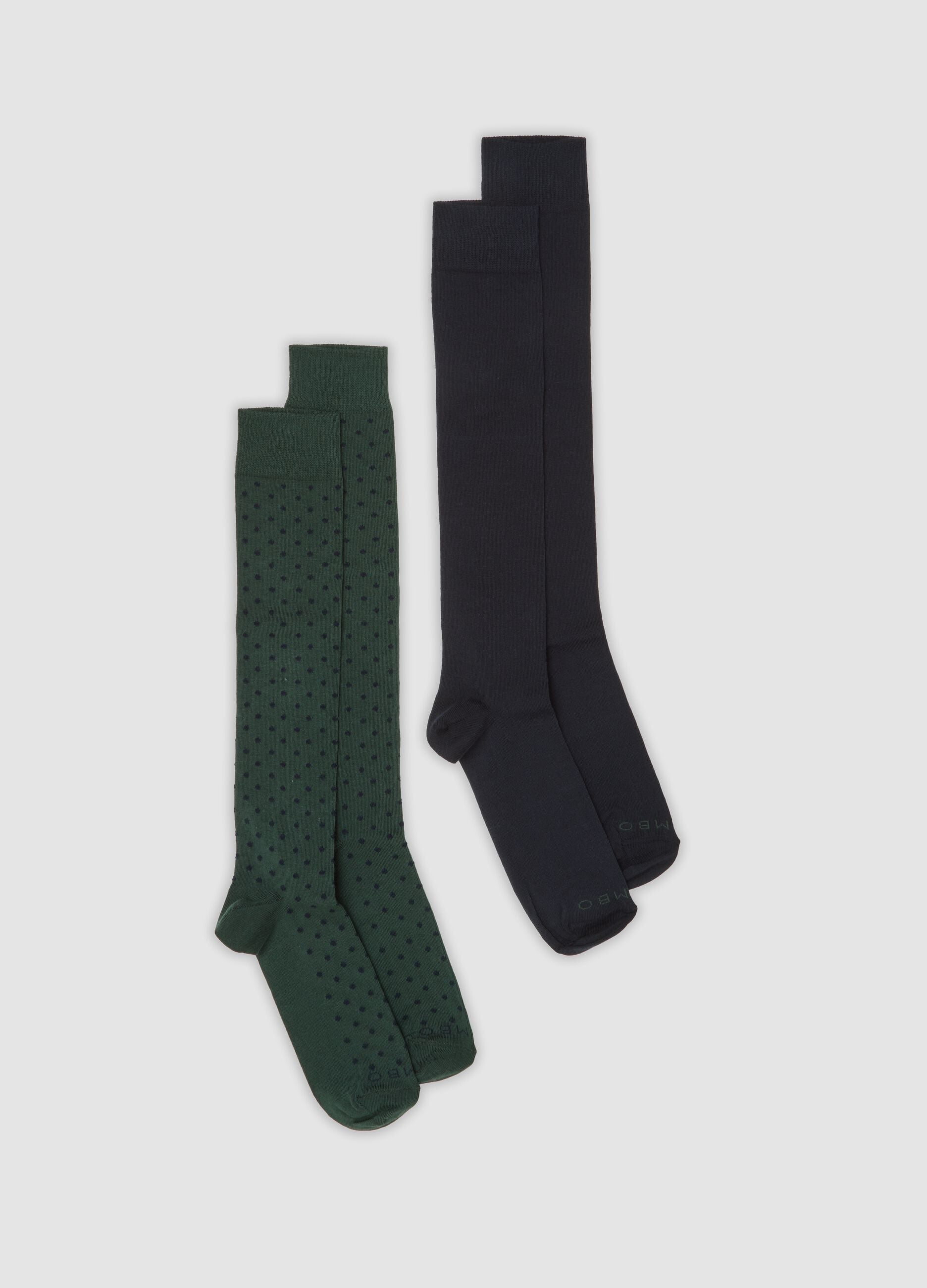 2-pack of navy blue and dark green long socks in stretch cotton