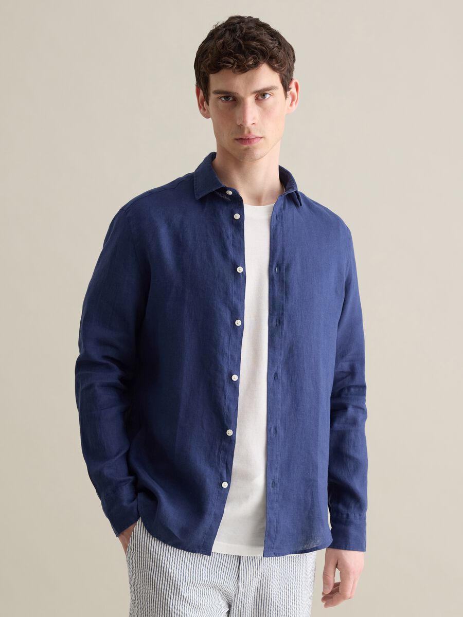 Piombo Long Sleeve Blue Linen Shirt_0