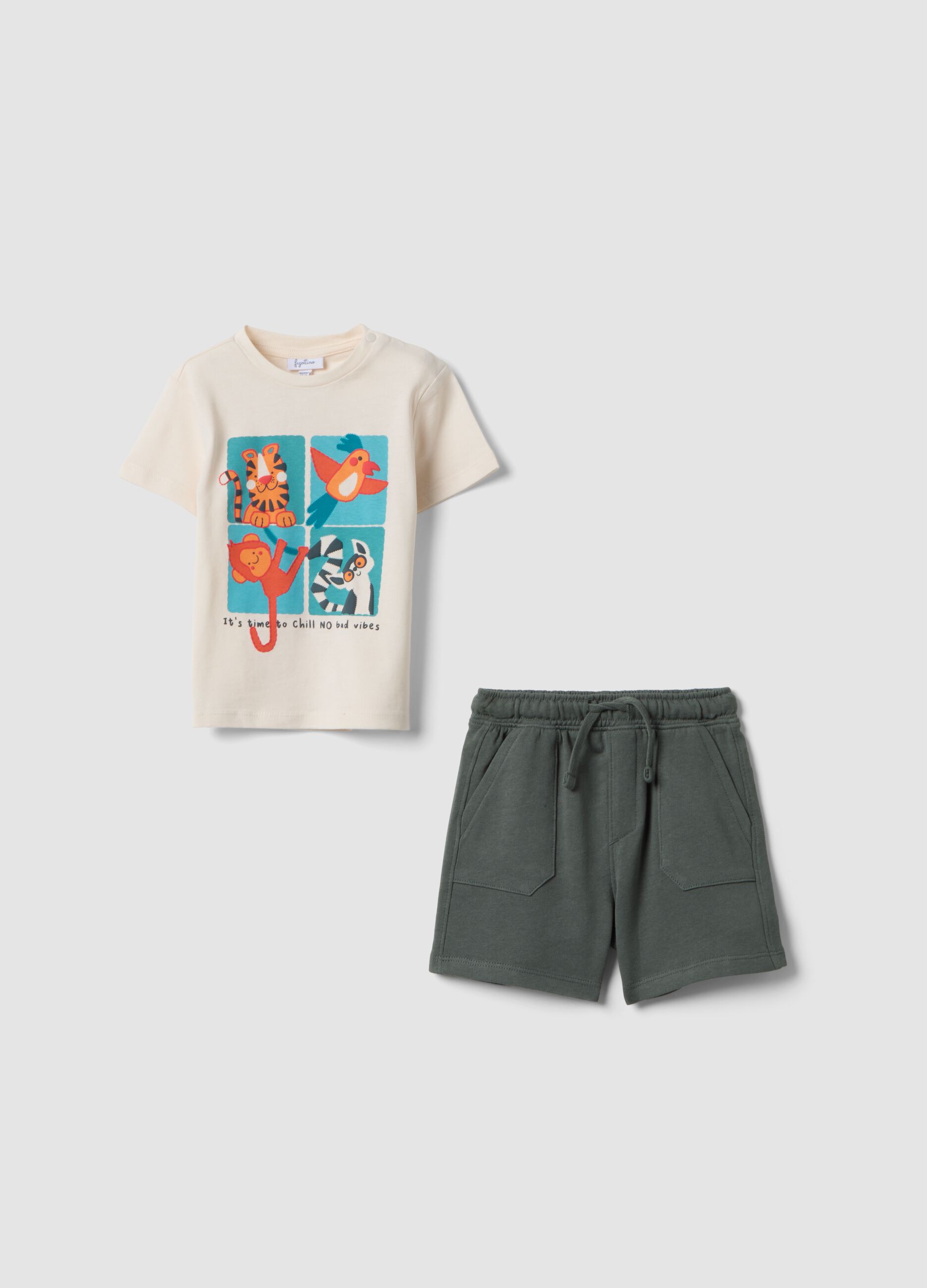 Beige pure cotton T-shirt and shorts set for baby boy, regular fit