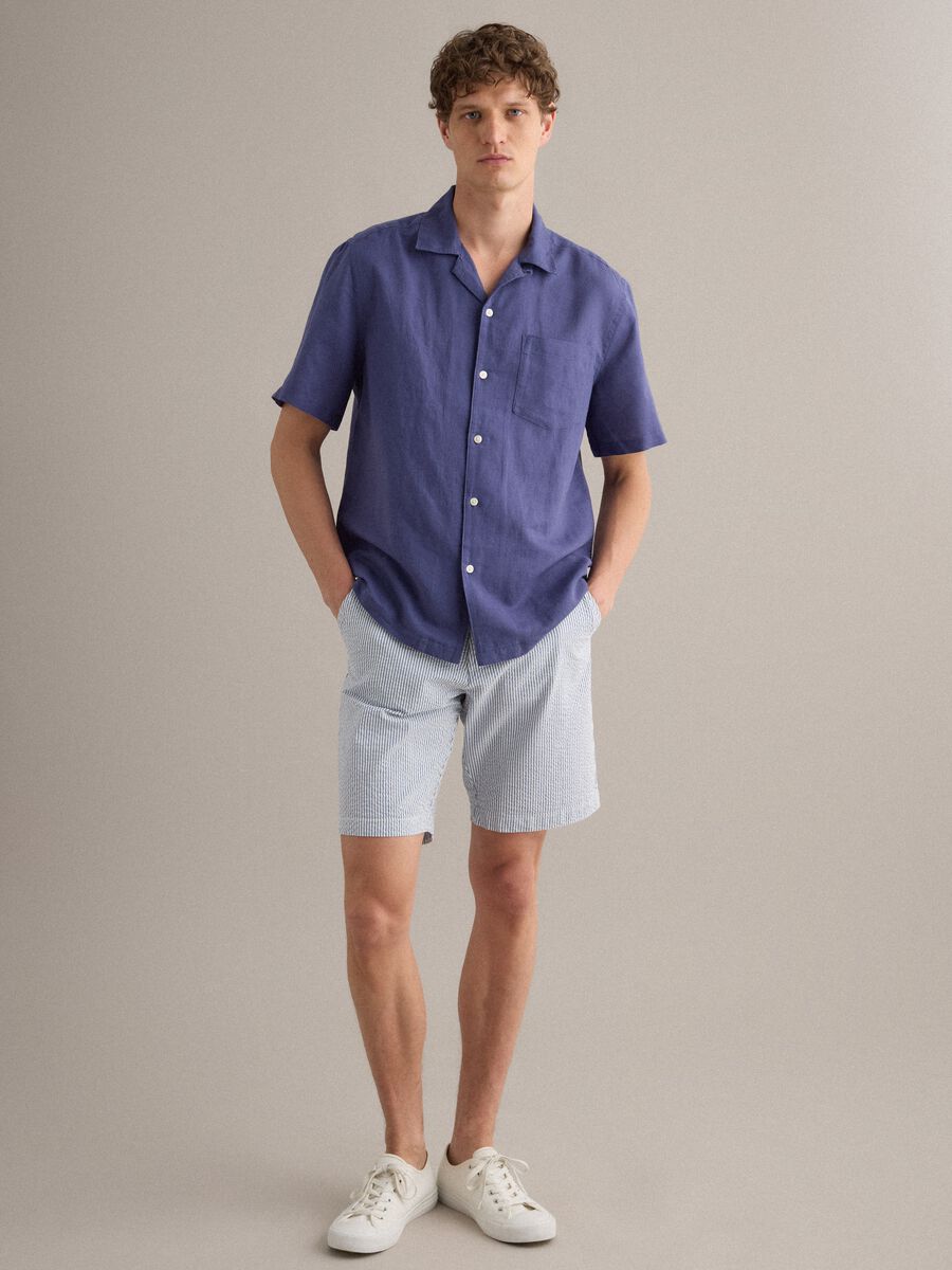 Camicia blu in misto lino e cotone con collo bowling_2
