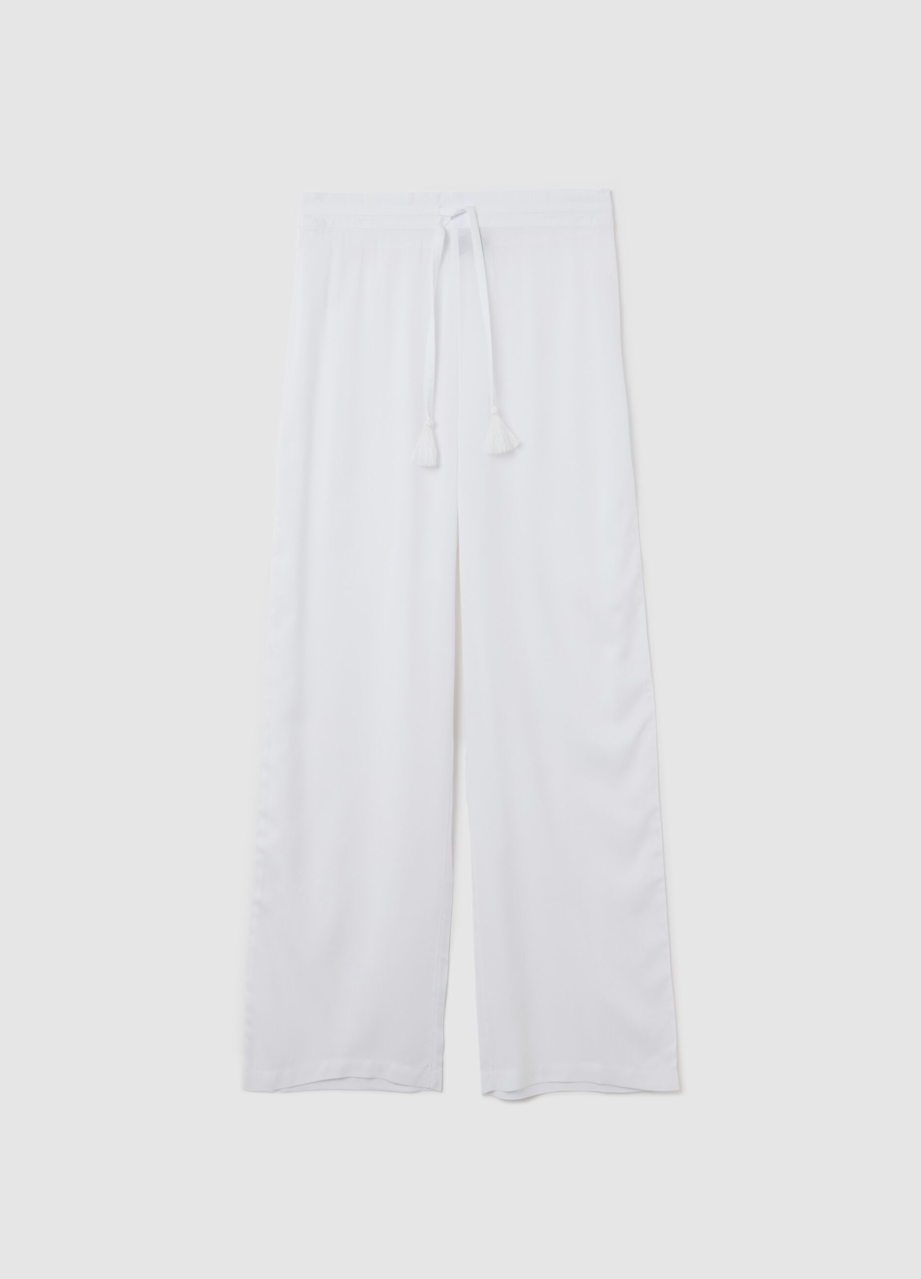 Long white beach cover-up trousers with drawstring