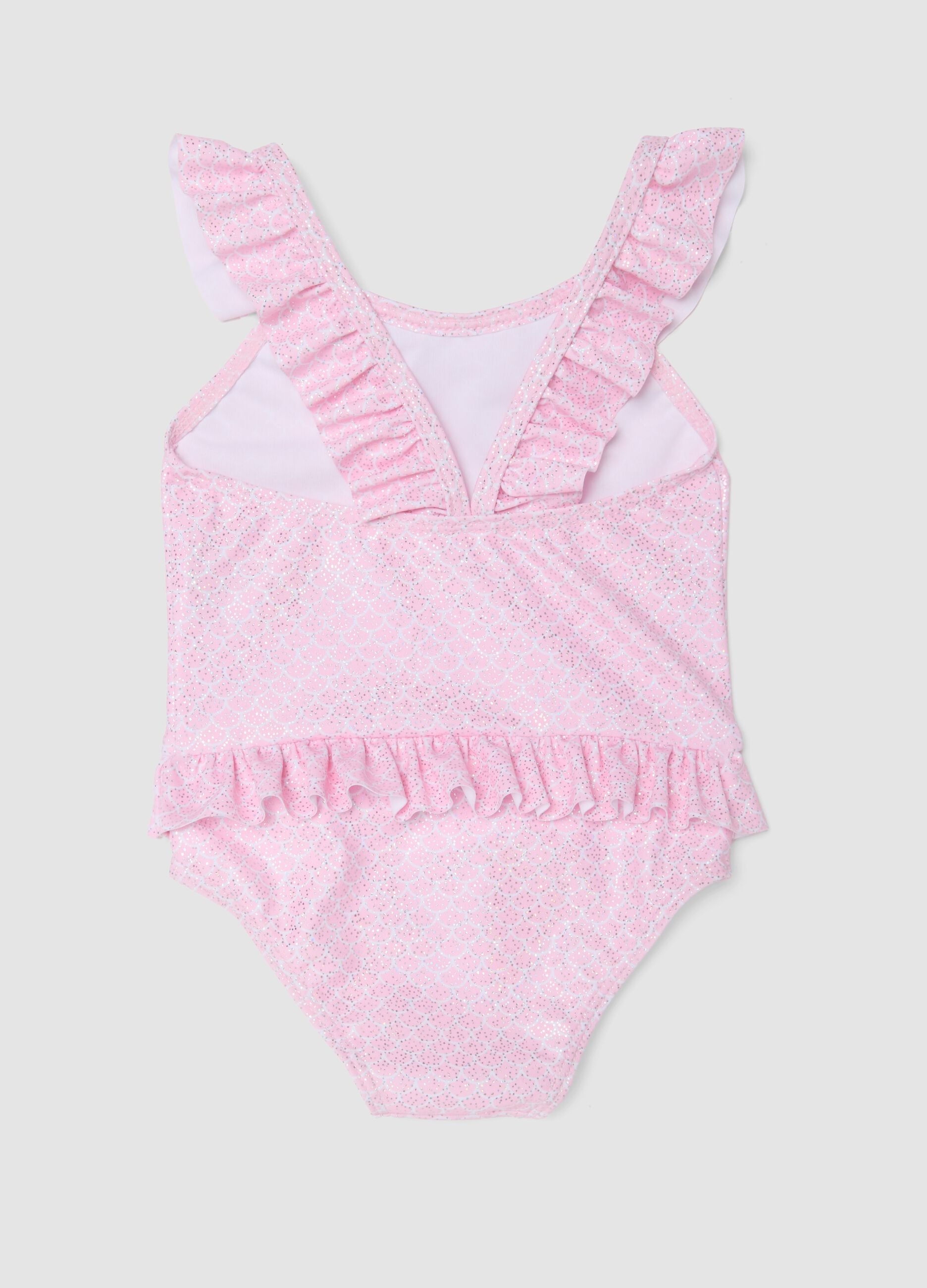 Pink stretch swimsuit with ruffles for baby girls