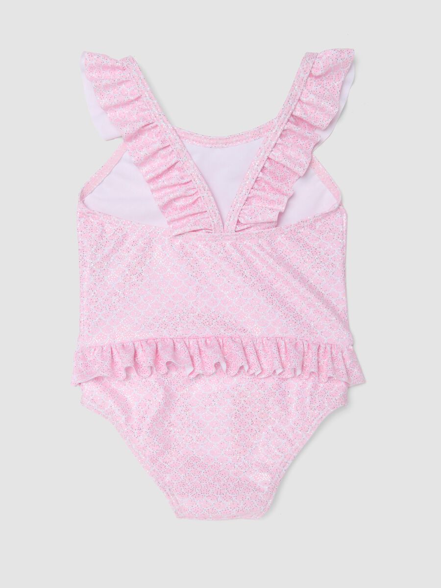Pink stretch swimsuit with ruffles for baby girls_1