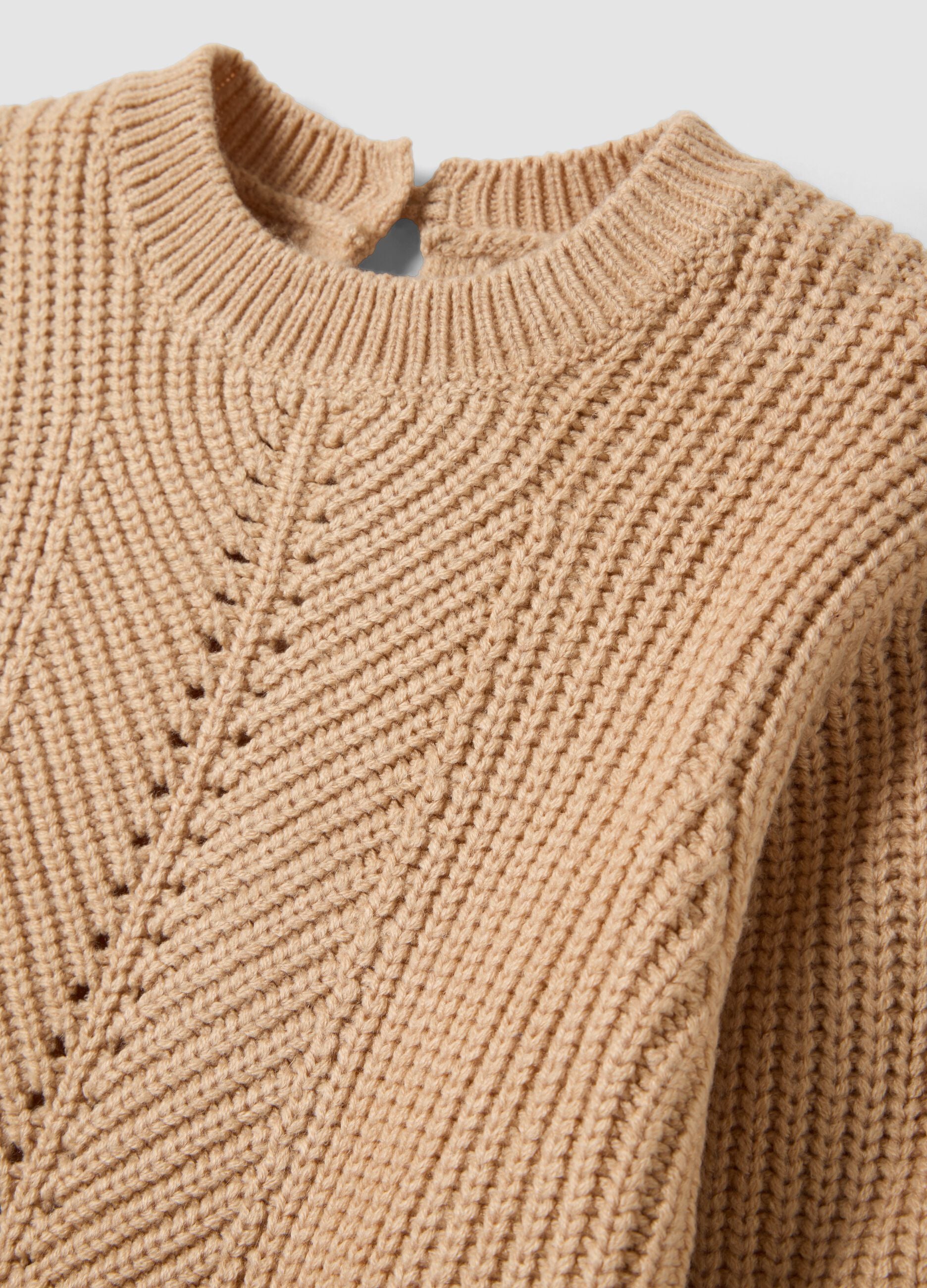 Beige knit jumper with openwork crew neck