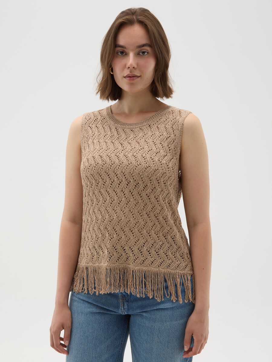 Brown knitted women's top regular fit with fringes_1