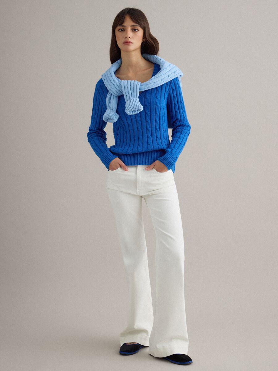 Blue pure cotton regular fit pullover with cable knit_2