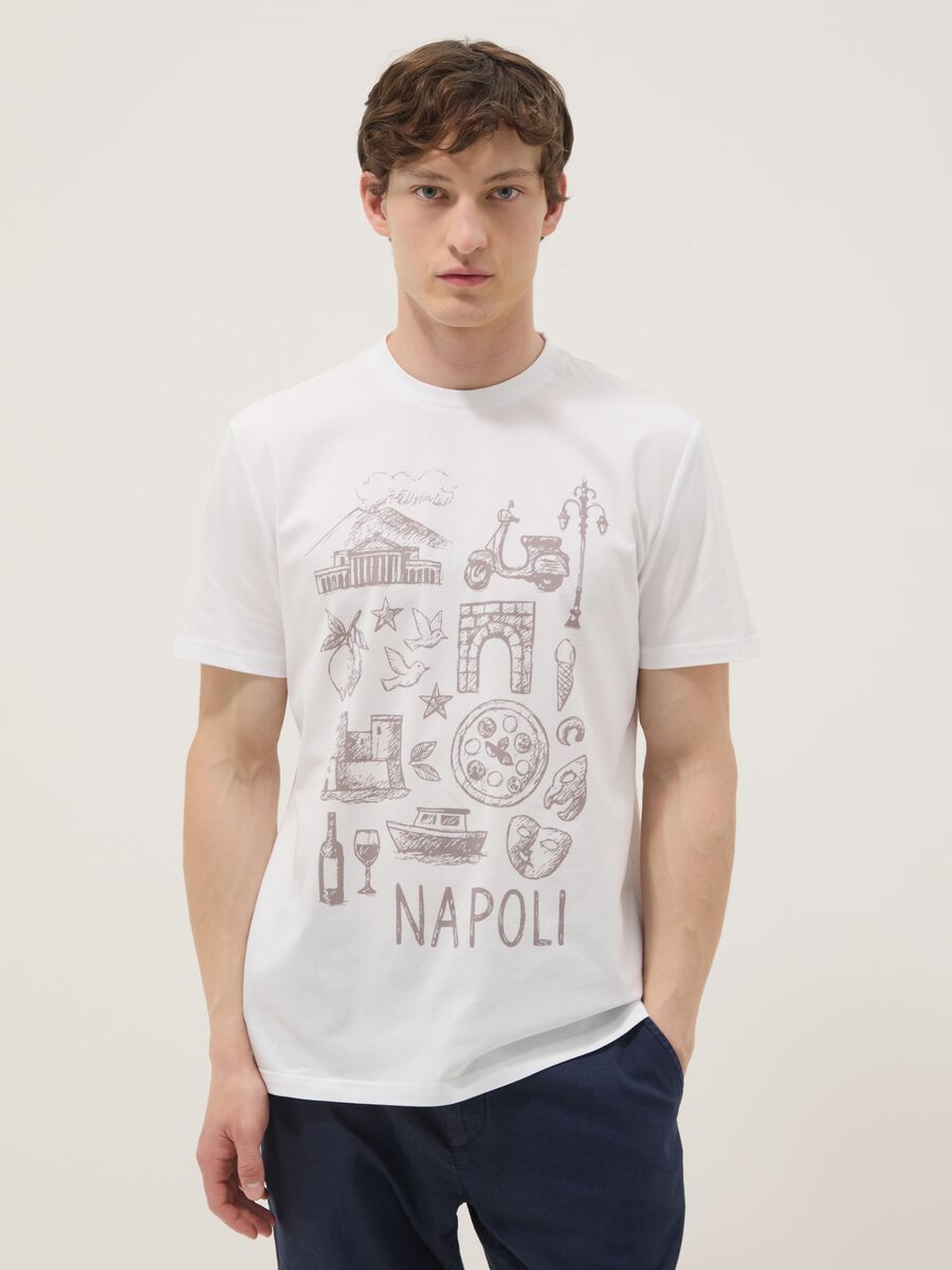 White pure cotton T-shirt with front print, regular fit_0