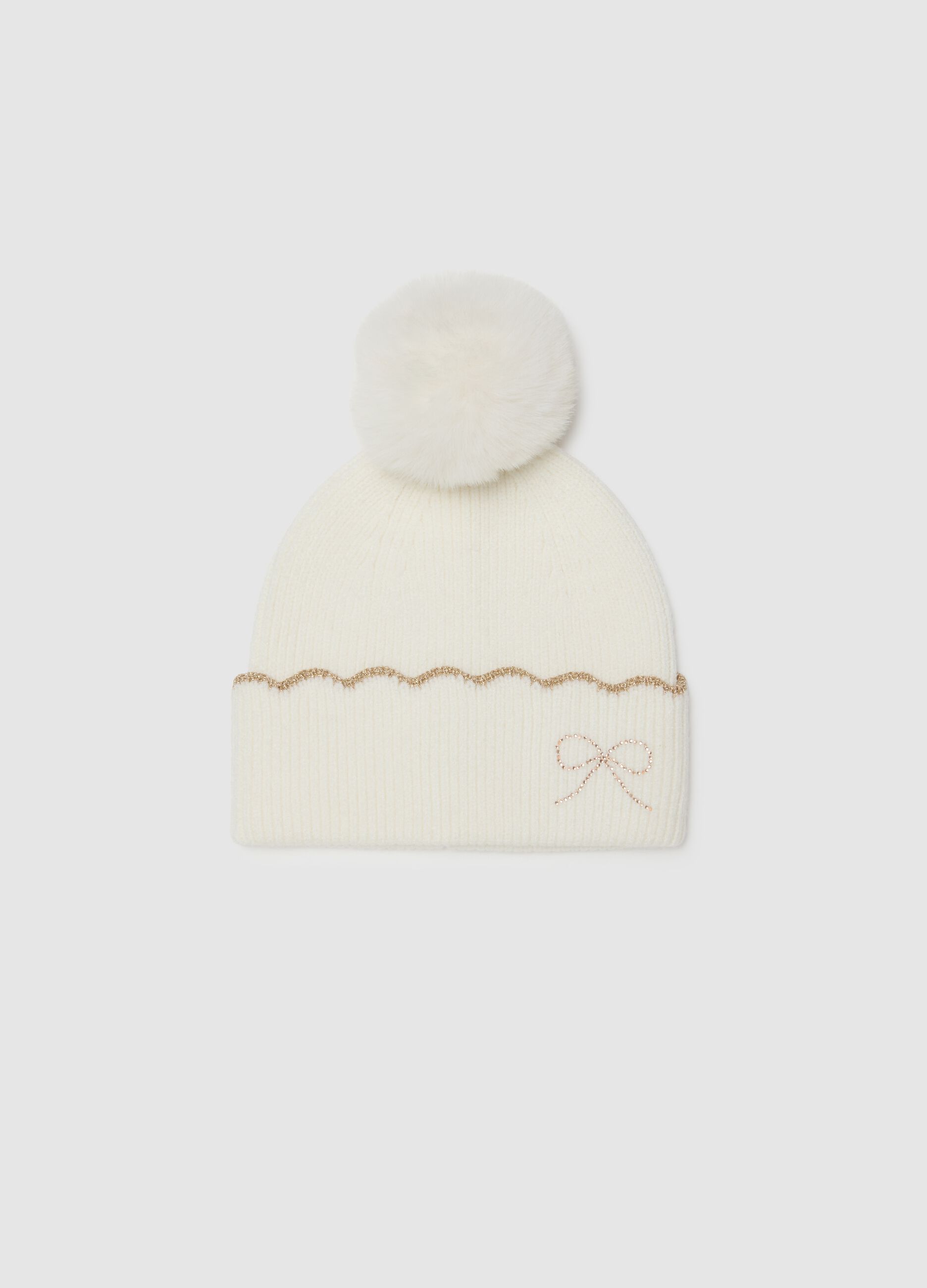 White girls' hat with pom pom
