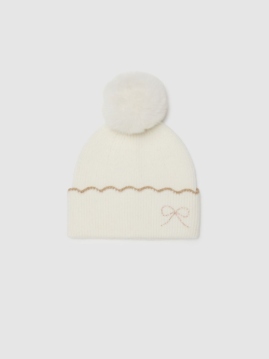 White girls' hat with pom pom_0