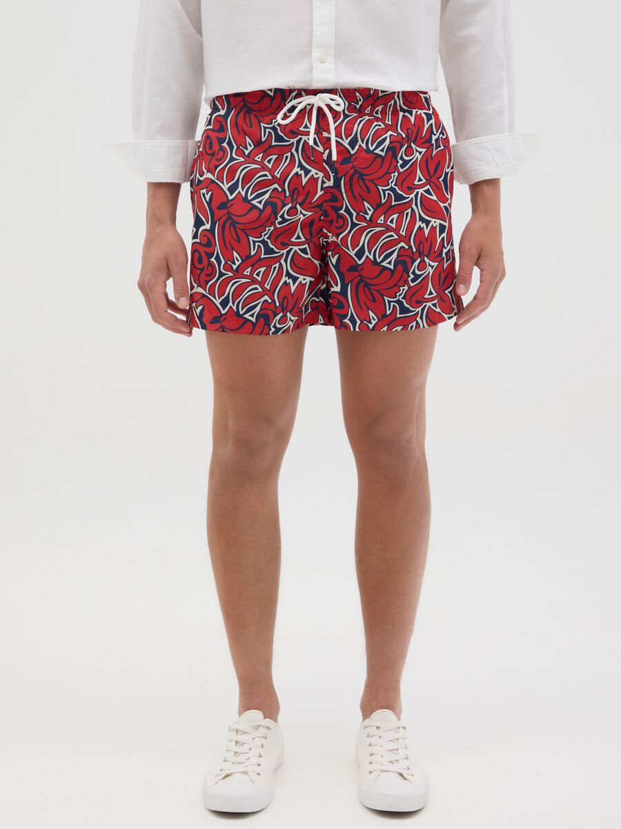 Red Floral Print Swim Shorts_1