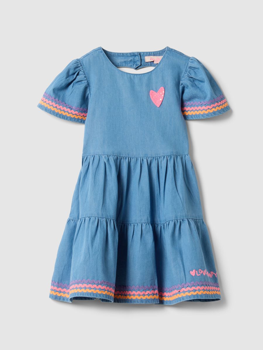 Abito in puro cotone denim azzurro da bambina regular fit con volant_0