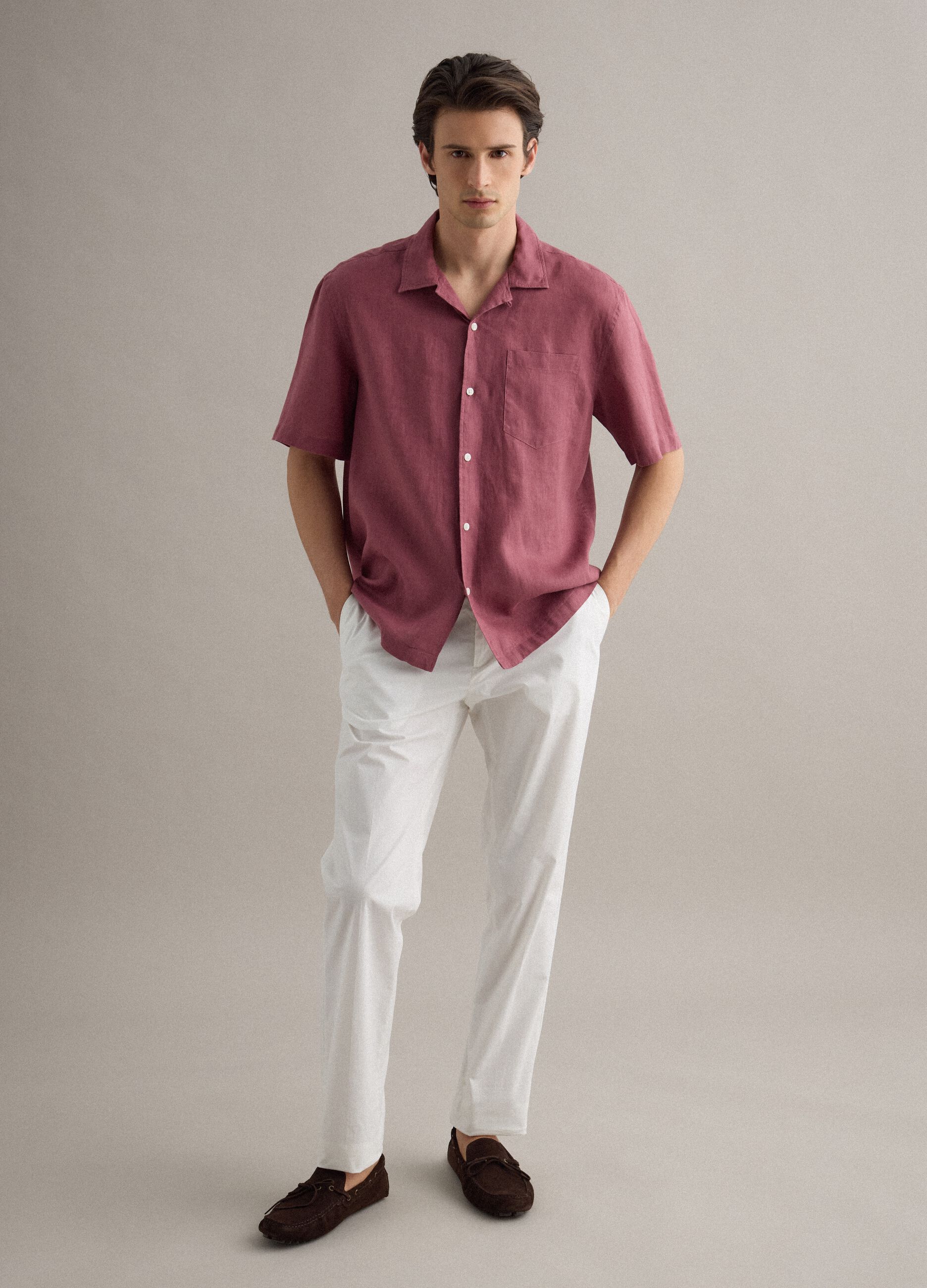 Regular fit pink short sleeve pure linen shirt with pocket