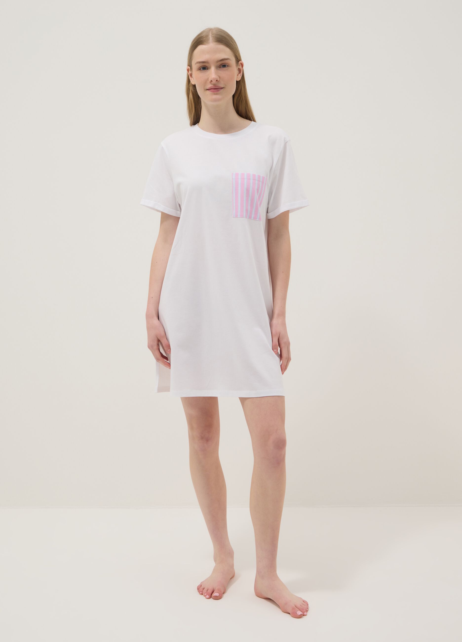 White pure cotton nightshirt with striped chest pocket
