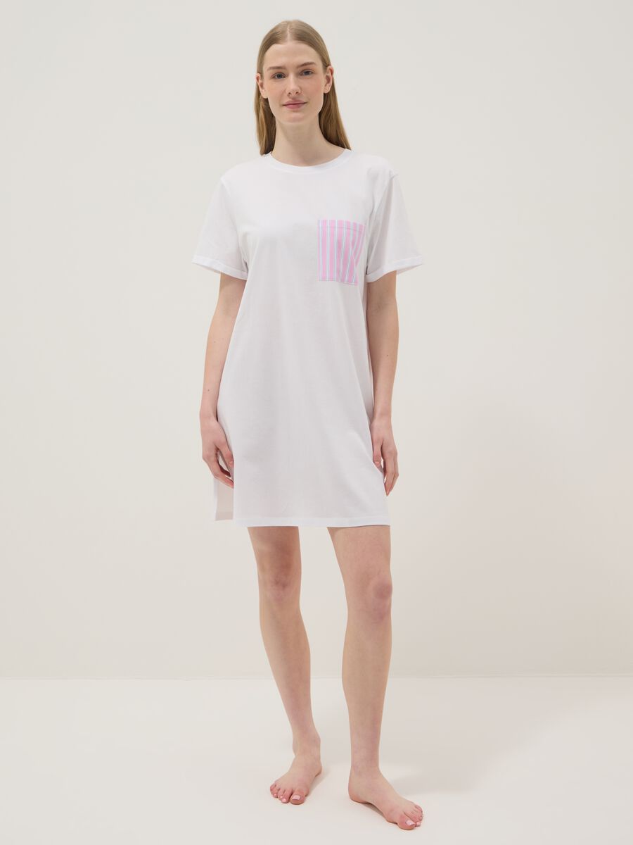 White pure cotton nightshirt with striped chest pocket_0
