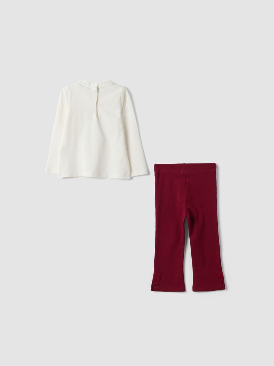 Completo bianco e rosso in cotone elasticizzato con stampa gattino per bimba_1