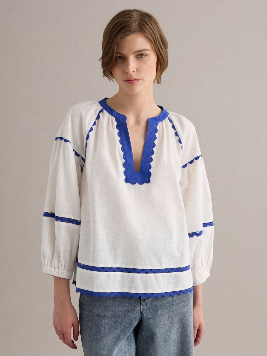 White pure cotton blouse with blue piping, regular fit_1